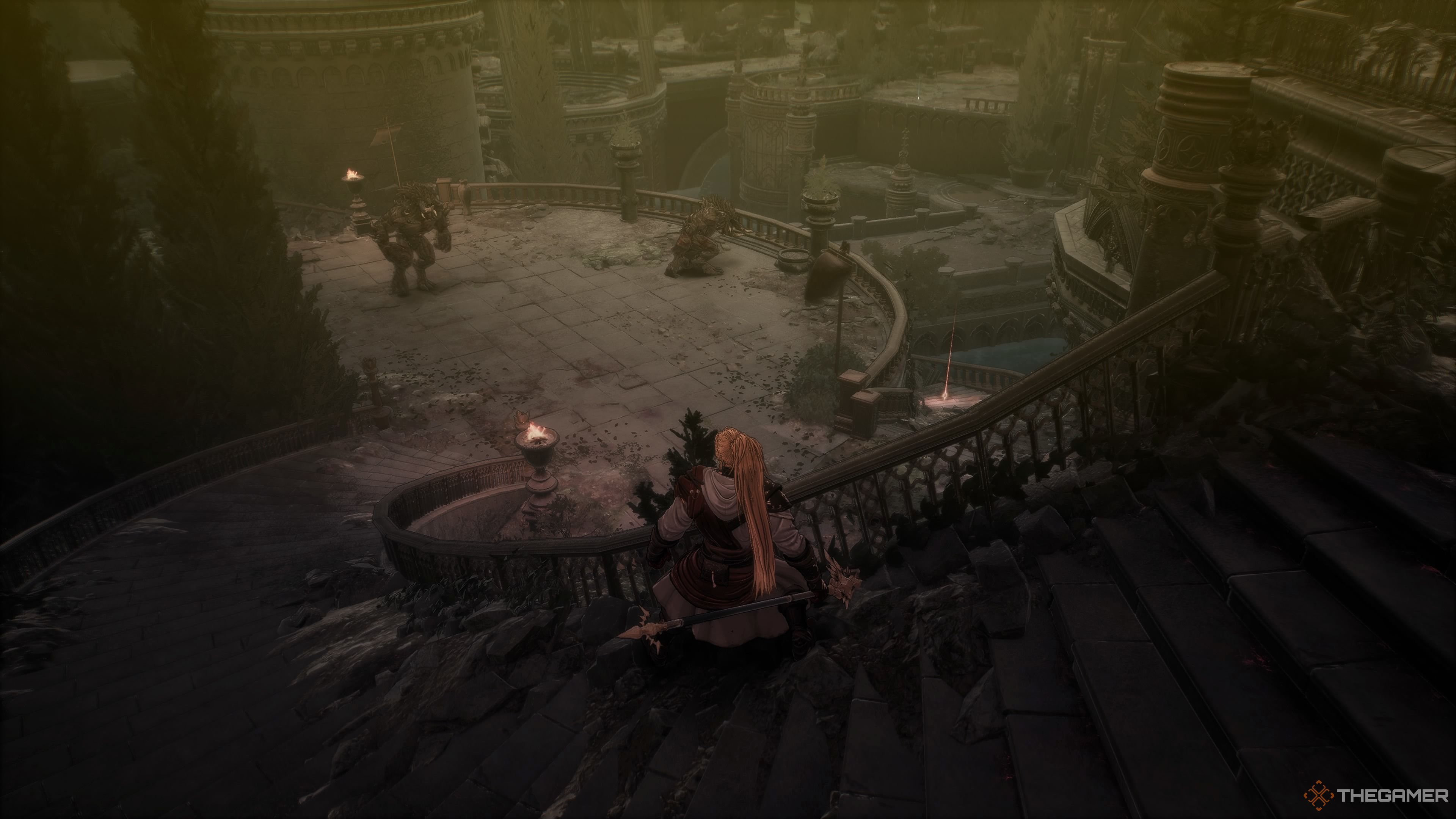 Heading down the stairs into the area with the Beasts of Madness in the Master Of Chaos mission of The First Berserker Khazan.