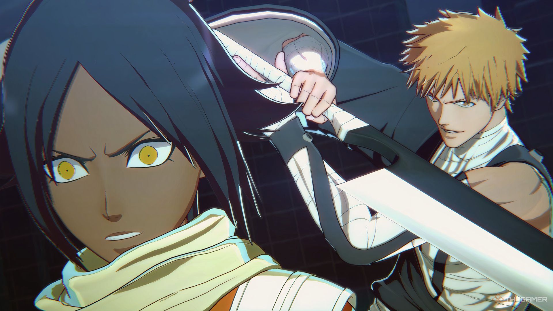 Ichigo holding his sword behind Yoruichi in Bleach Rebirth of Souls.