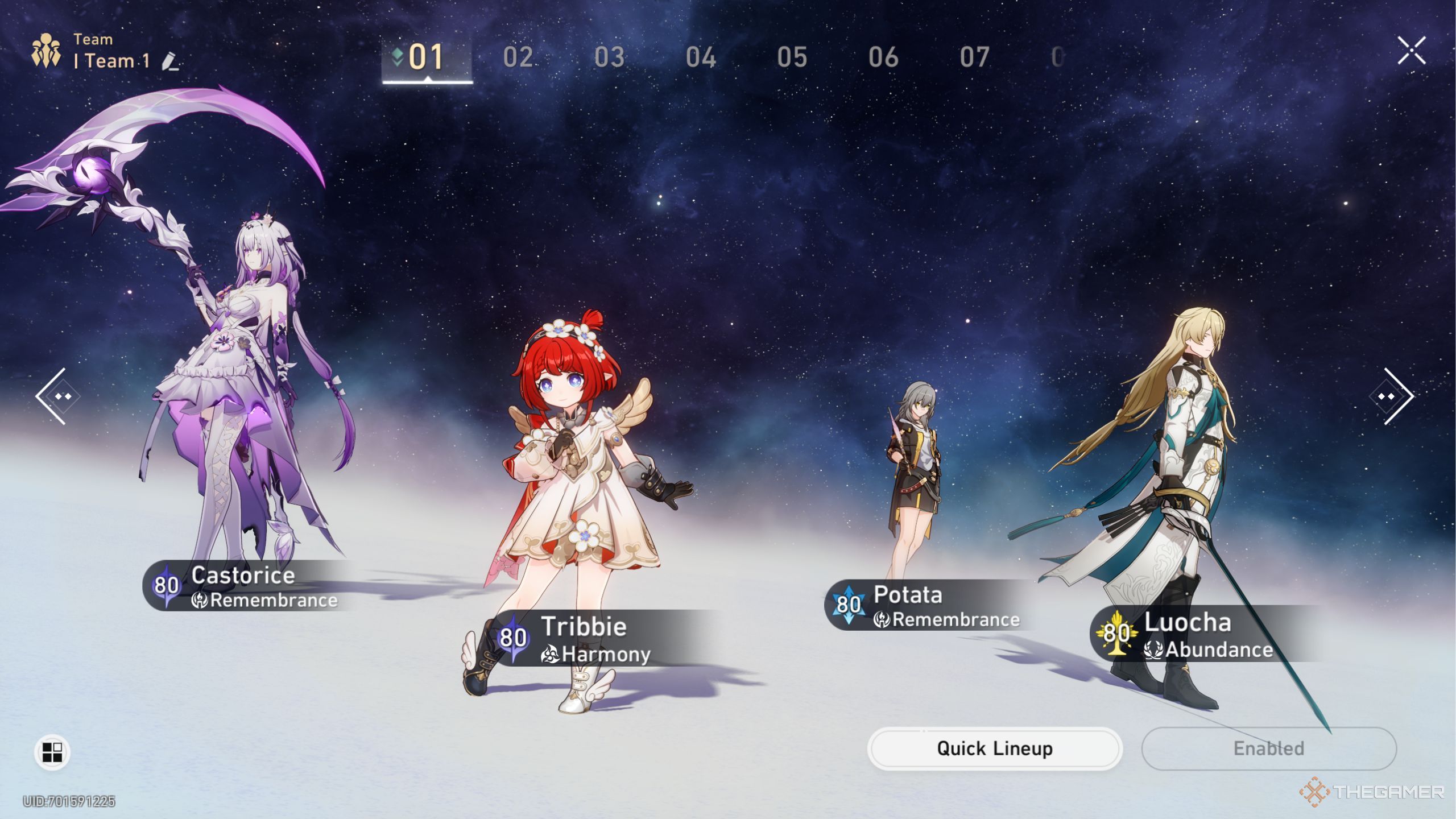 Honkai Star Rail Castorice best team screen with Tribbie, Remembrance Trailblazer, and Luocha.