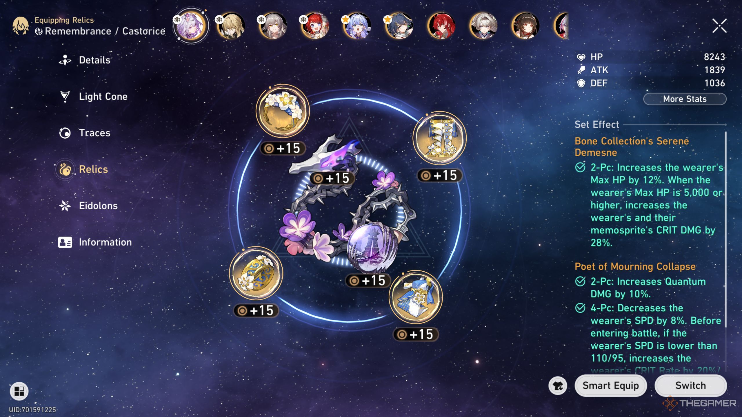 Honkai Star Rail Castorice relic and planar ornament screen.