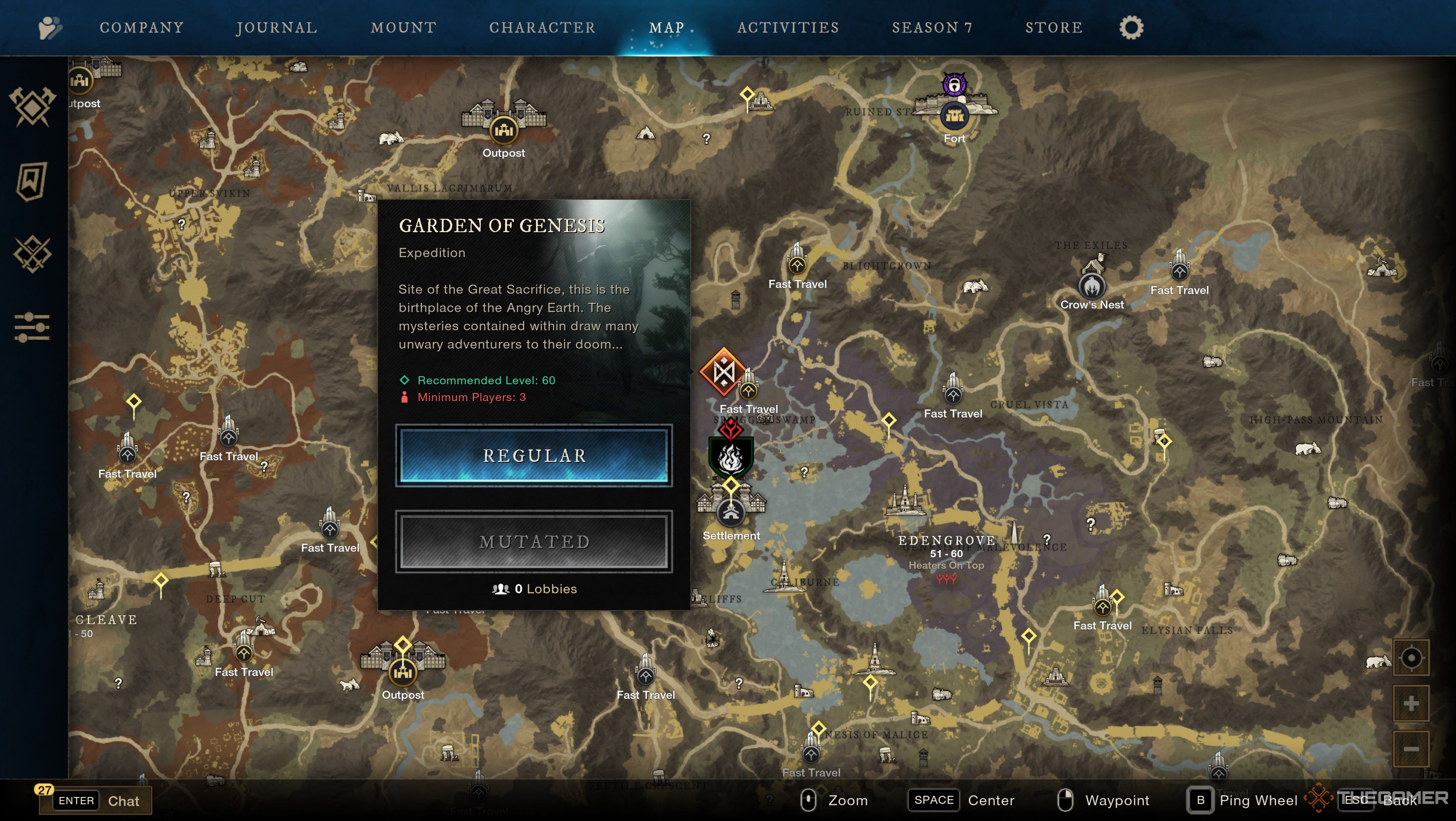 Hovering over the Garden of Genesis icon on the map in New World: Aeternum