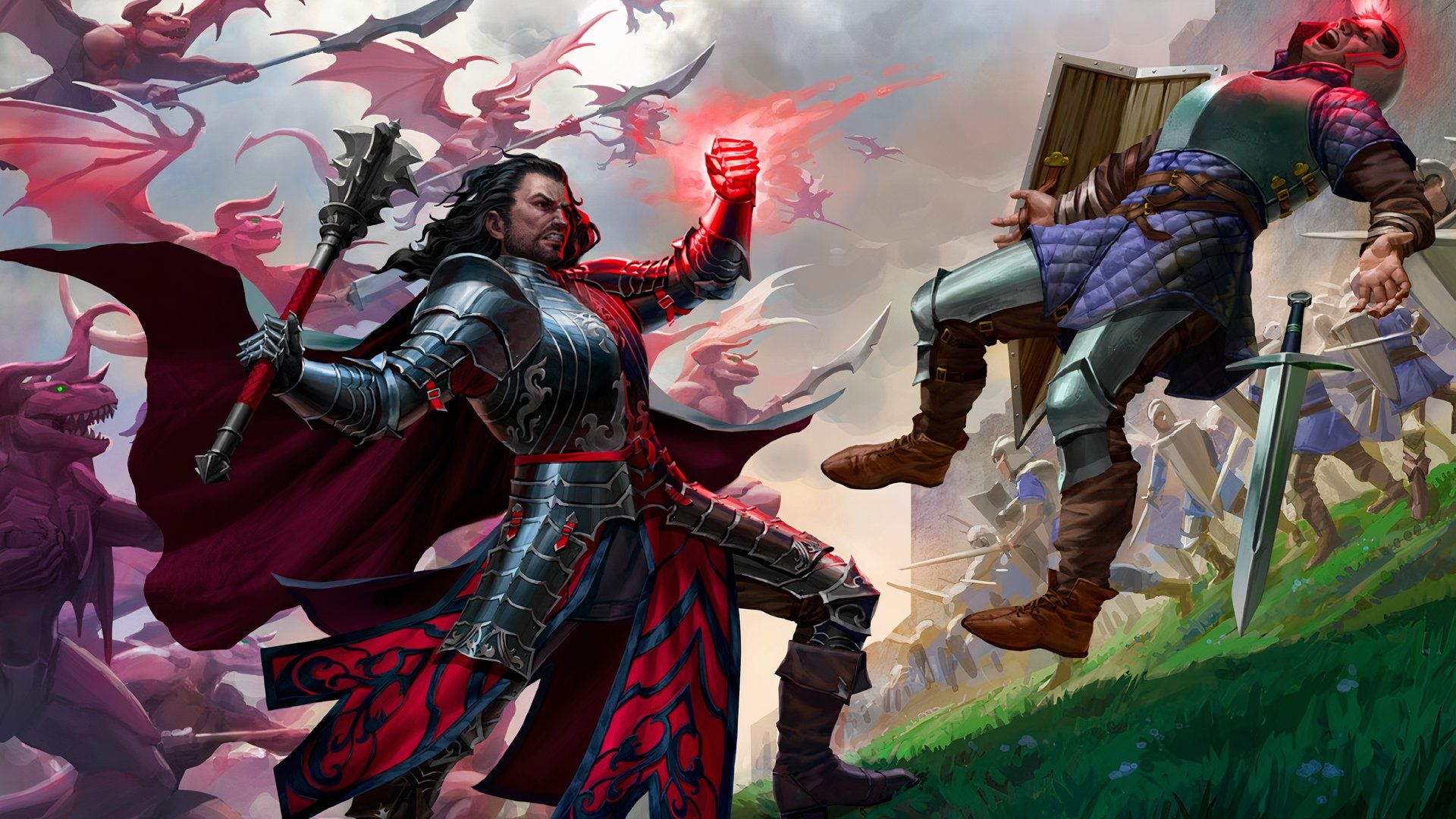 An Illrigger in dark armor raises a red fist, fighting off enemies with a devil army behind him.