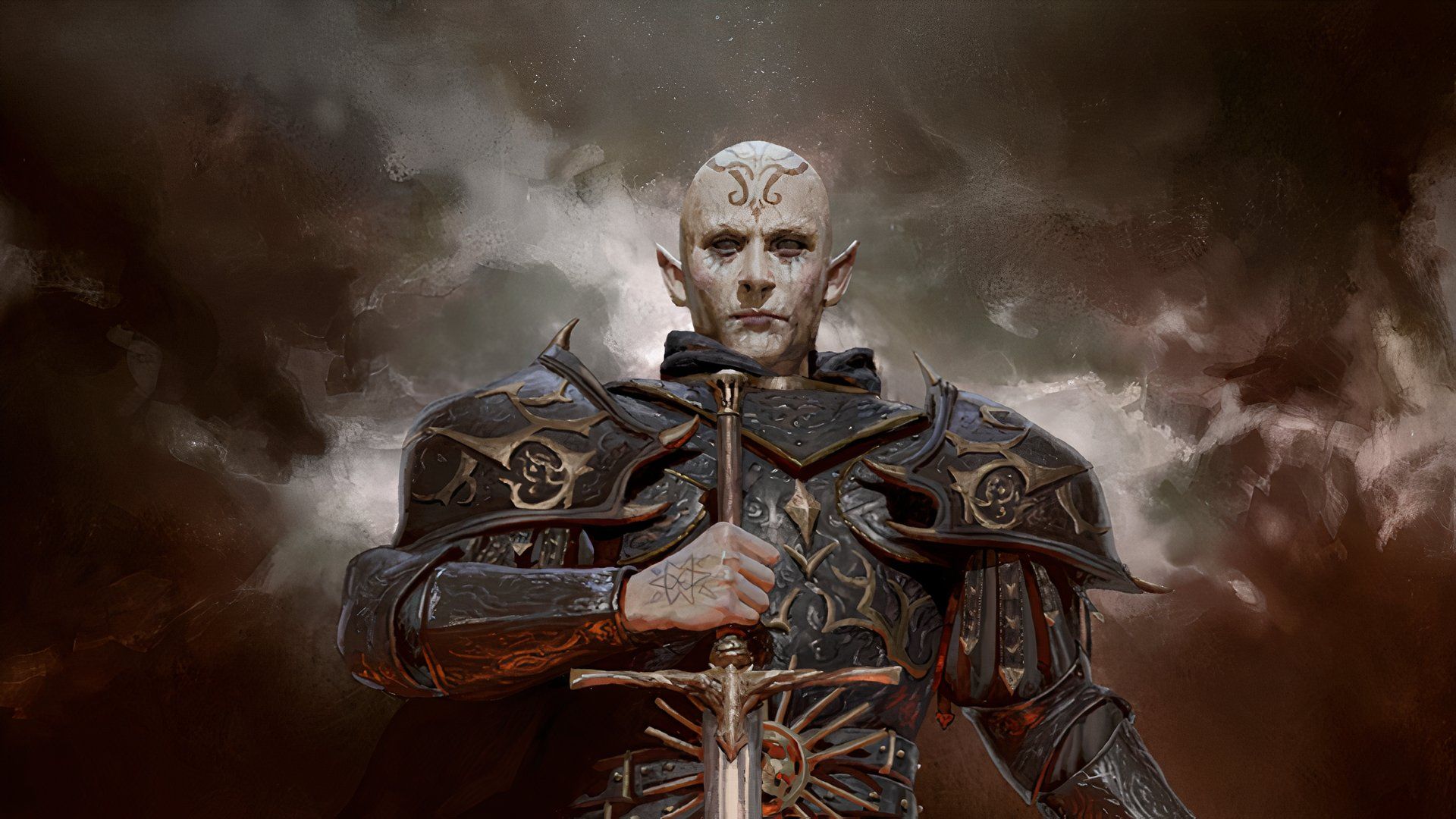 A bald, pale Illrigger Hellspeaker with black tattoos wears dark armor with gold trim. He stands in front of stormclouds, sword in one hand in front of him.