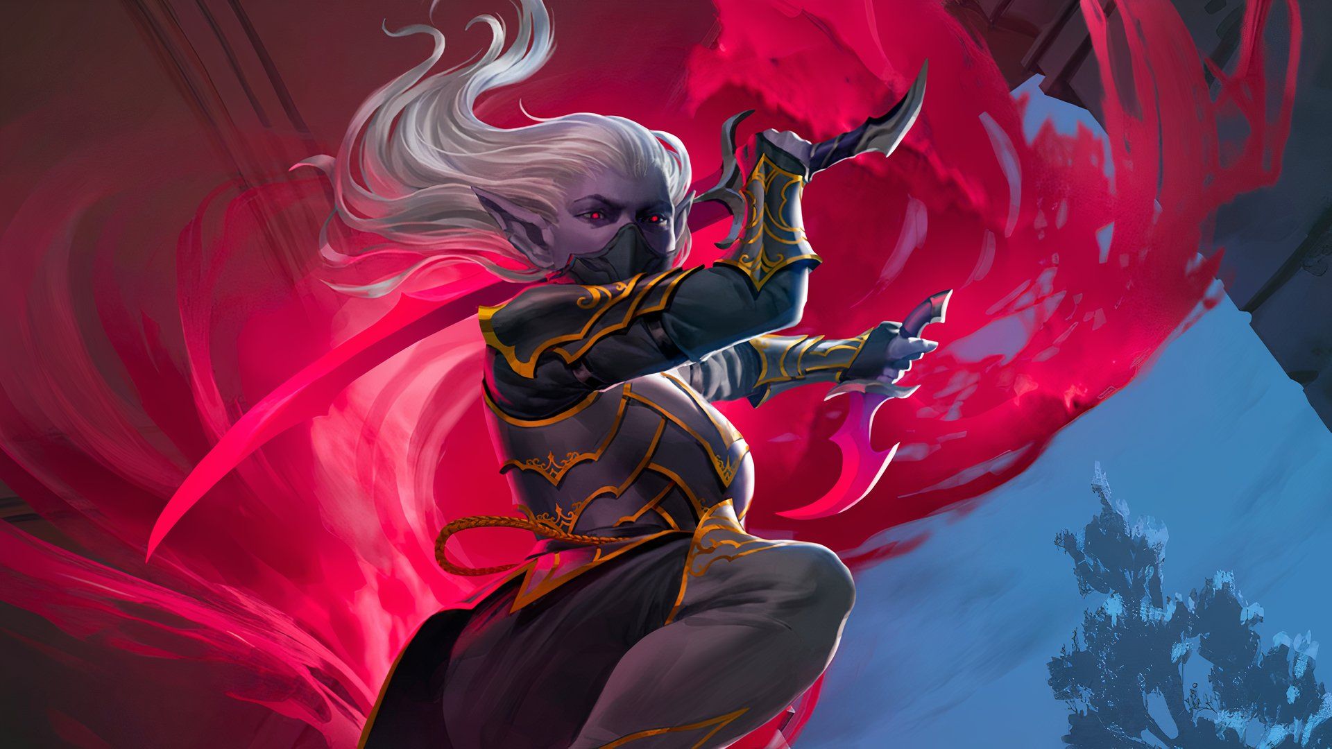 Illrigger Shadowmaser with purple skin and white hair assassinates a target with blood magic.