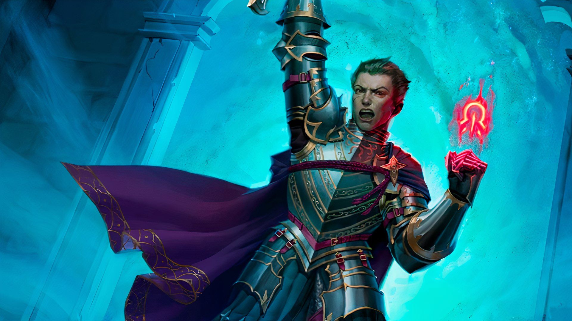 Illrigger standing with their back to a blue portal, infernal sigil floating above their hand.