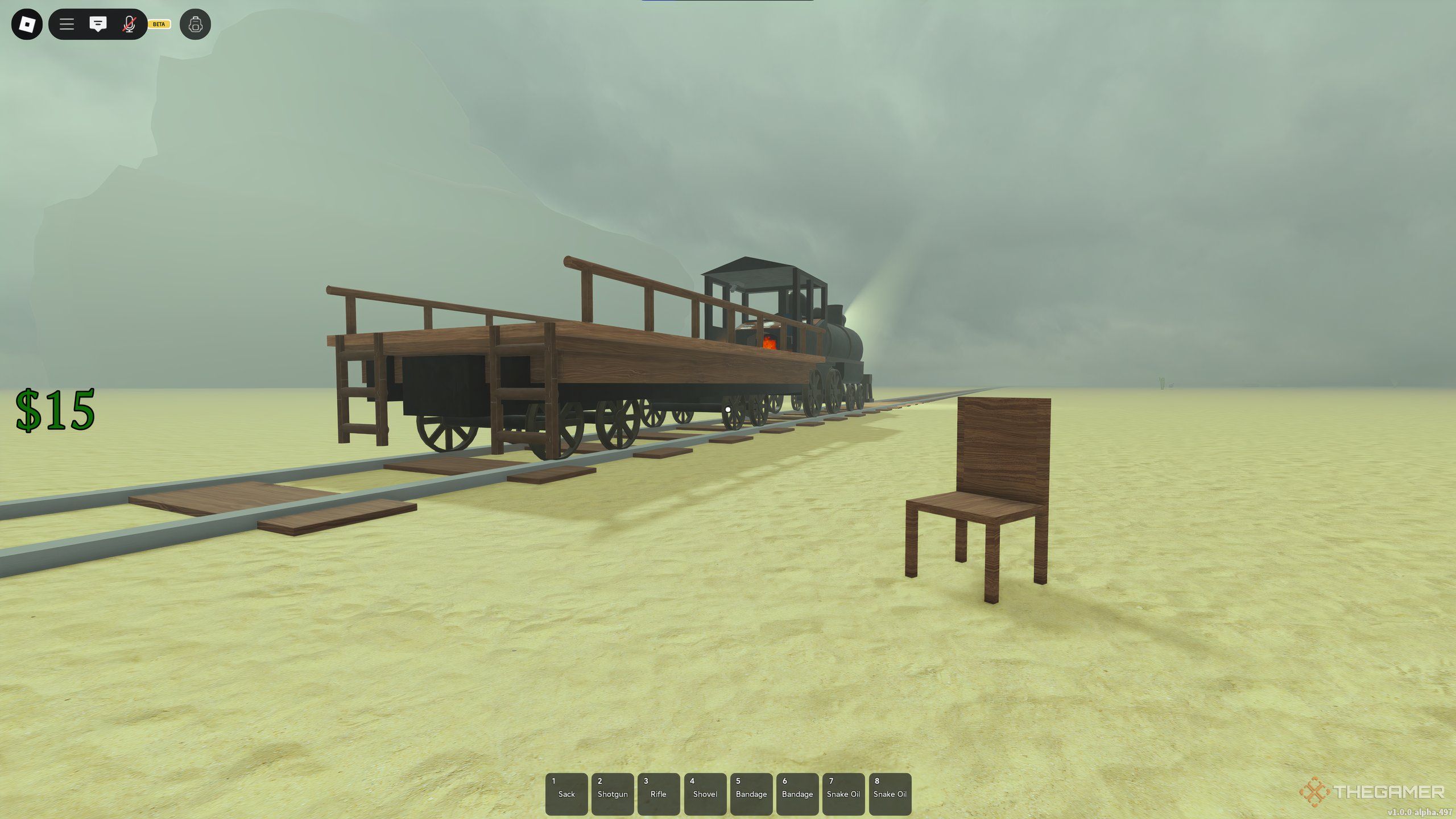 A chair in front of the train in Dead Rails on Roblox.