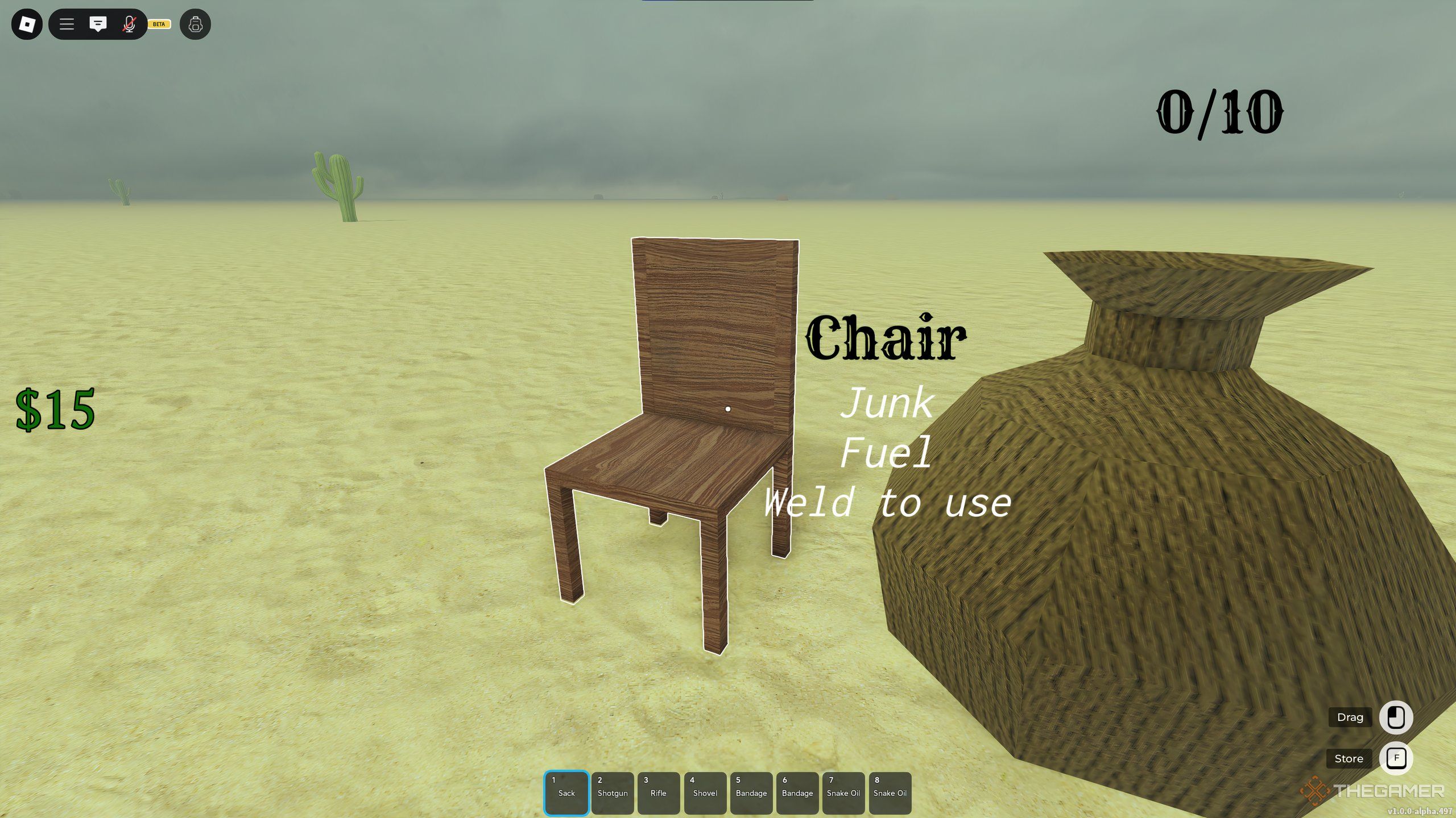 A chair, ready to be stored in the sack in Dead Rails on Roblox.
