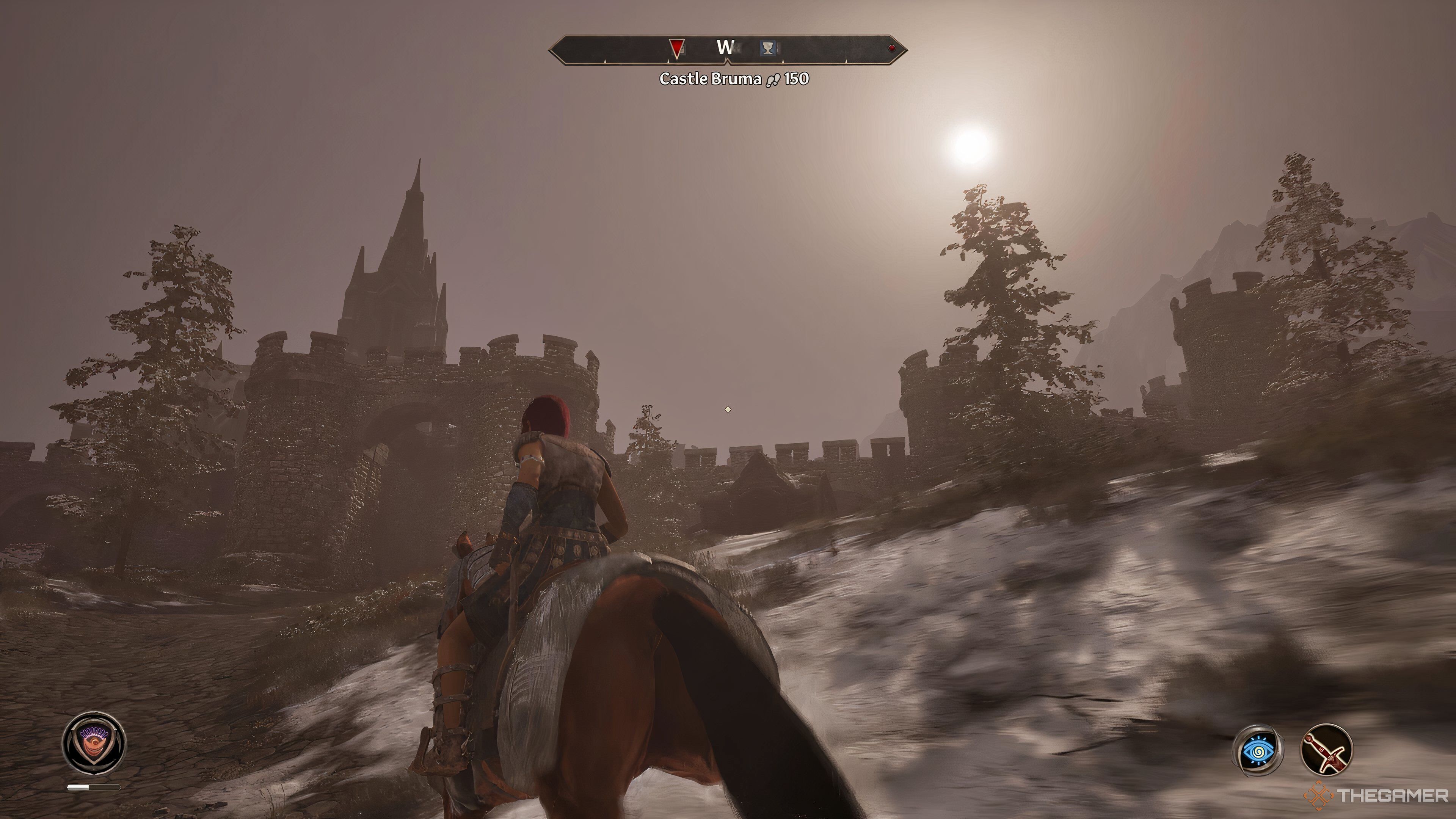 Riding toward the gates of Bruma in Oblivion Remastered.