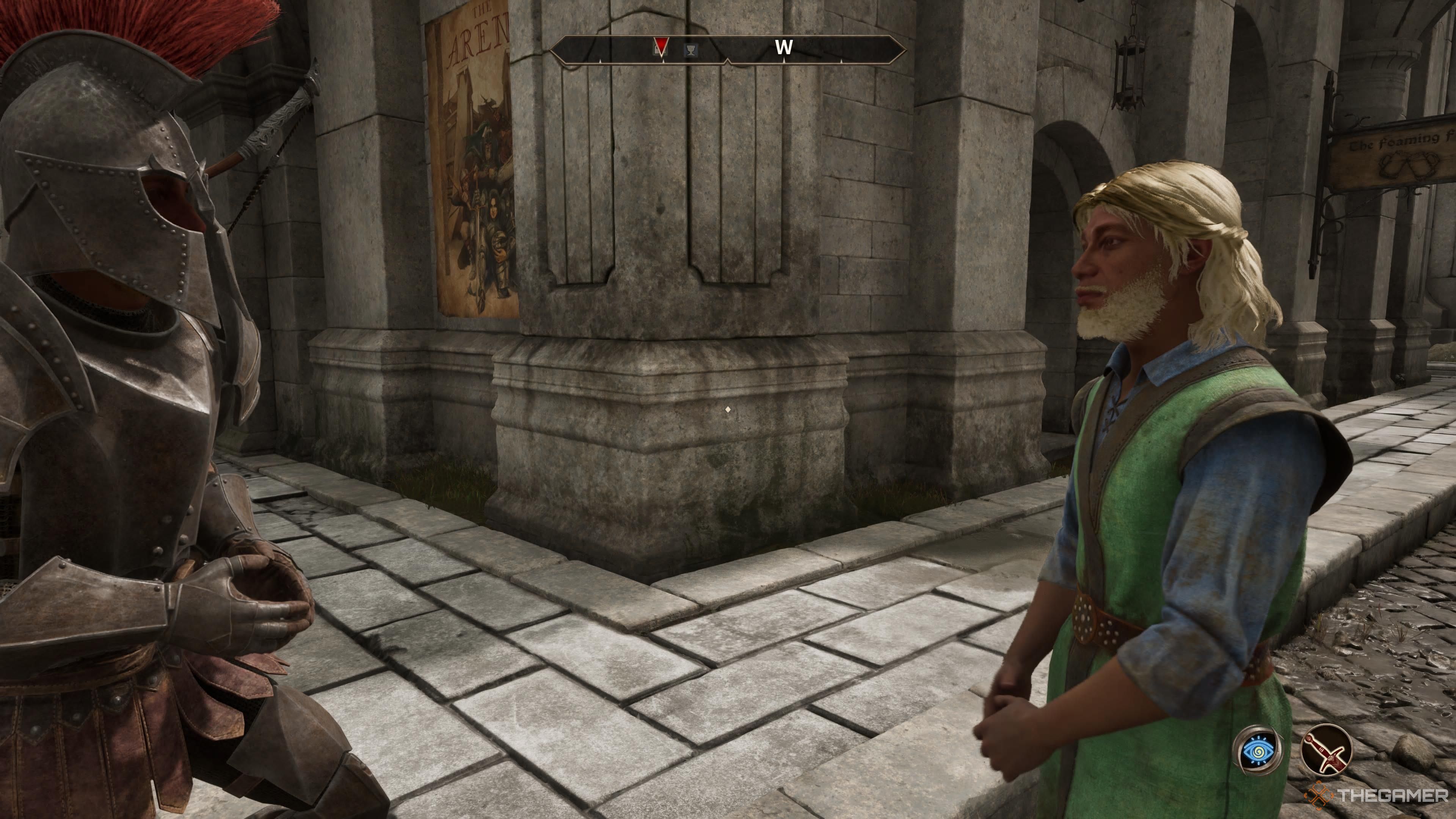 Two men converse in the Imperial City, in Oblivion Remastered.