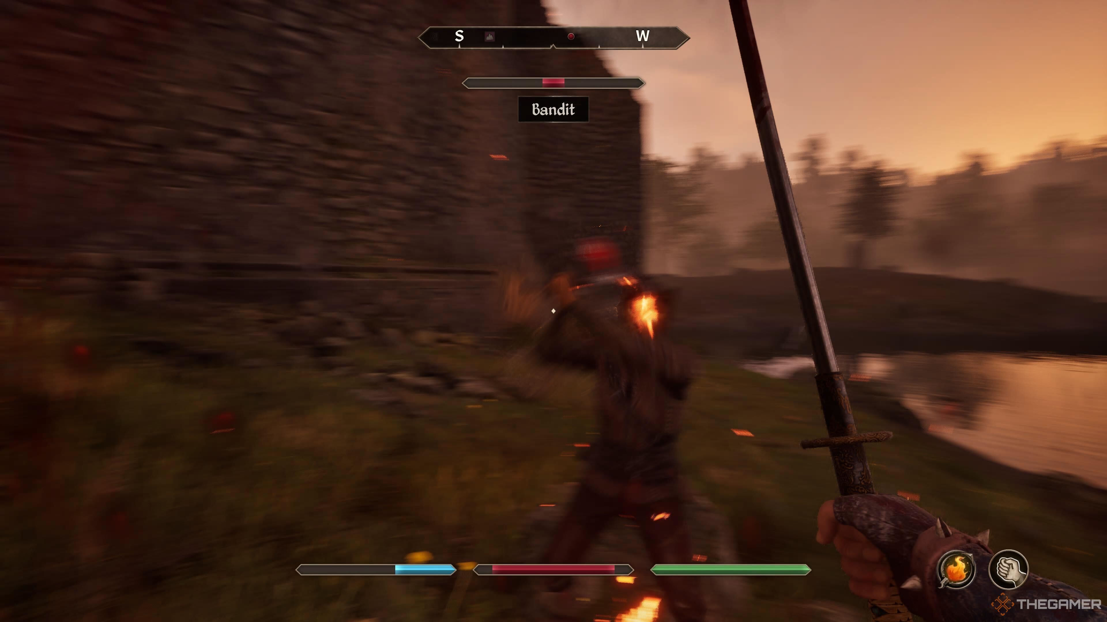 Fighting a bandit near Ayleid Ruins in Oblivion Remastered.