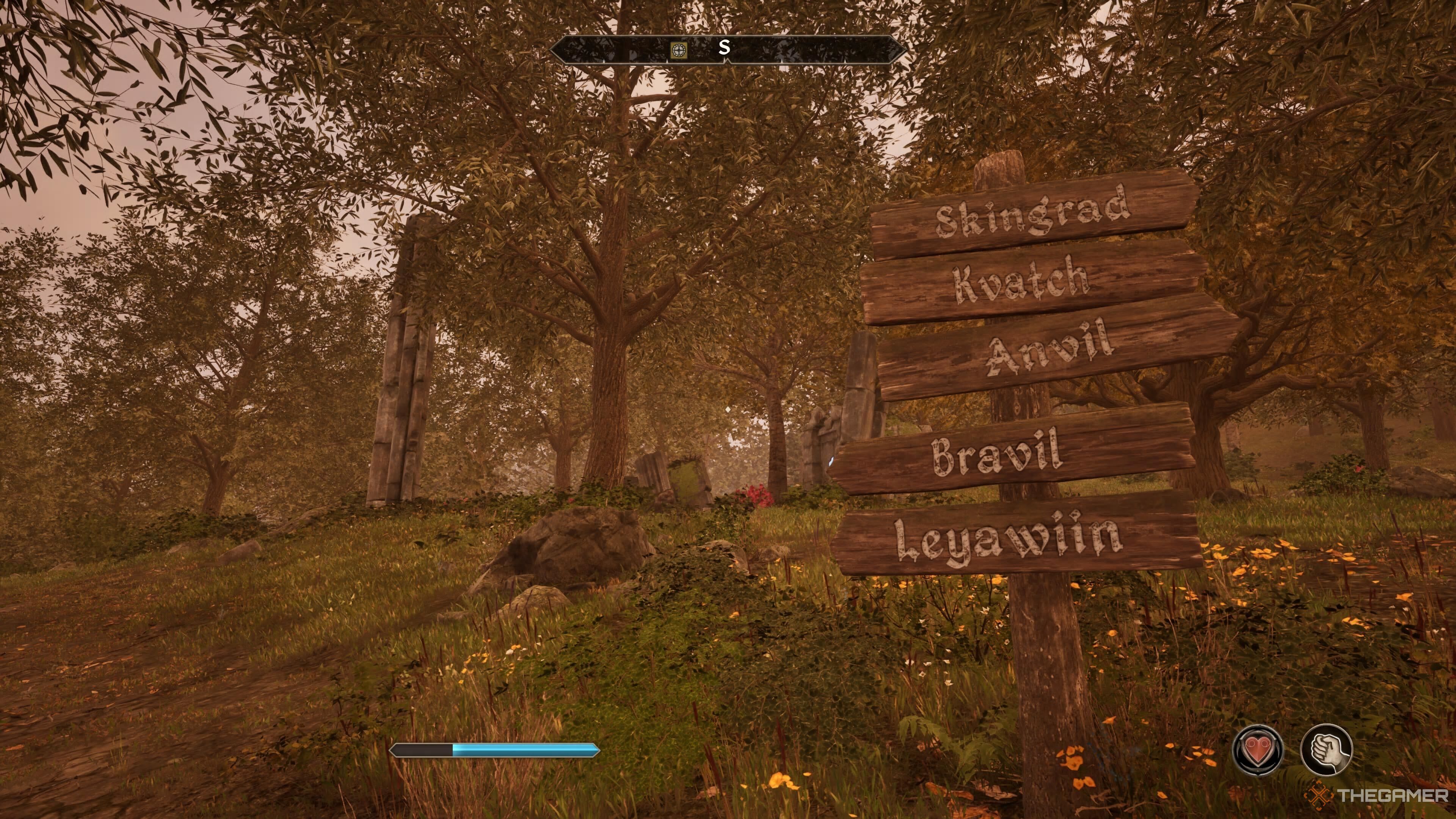 A sign showing directions to five cities in Oblivion Remastered.