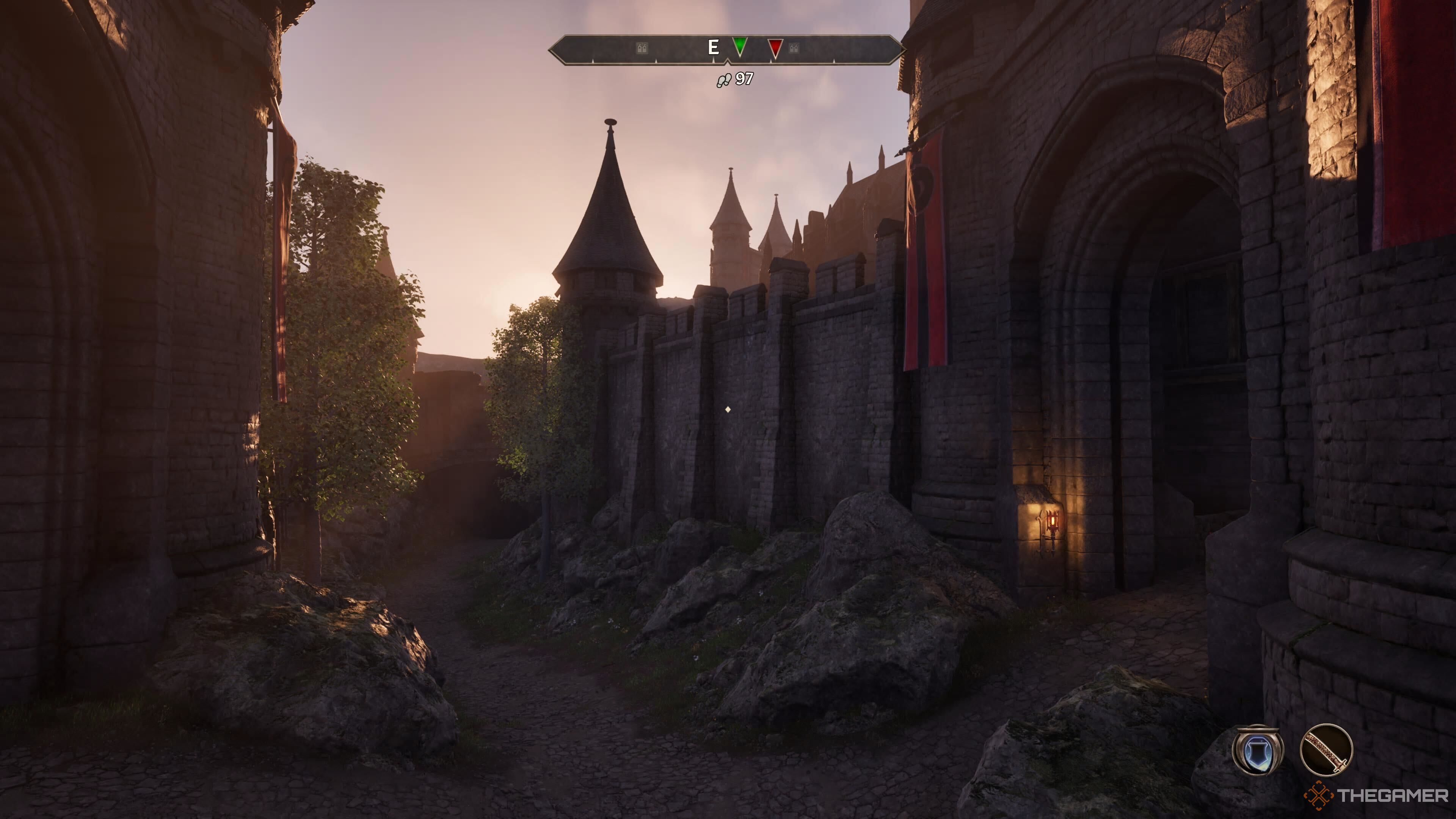 The walls of Skingrad at sunset in Oblivion Remastered.