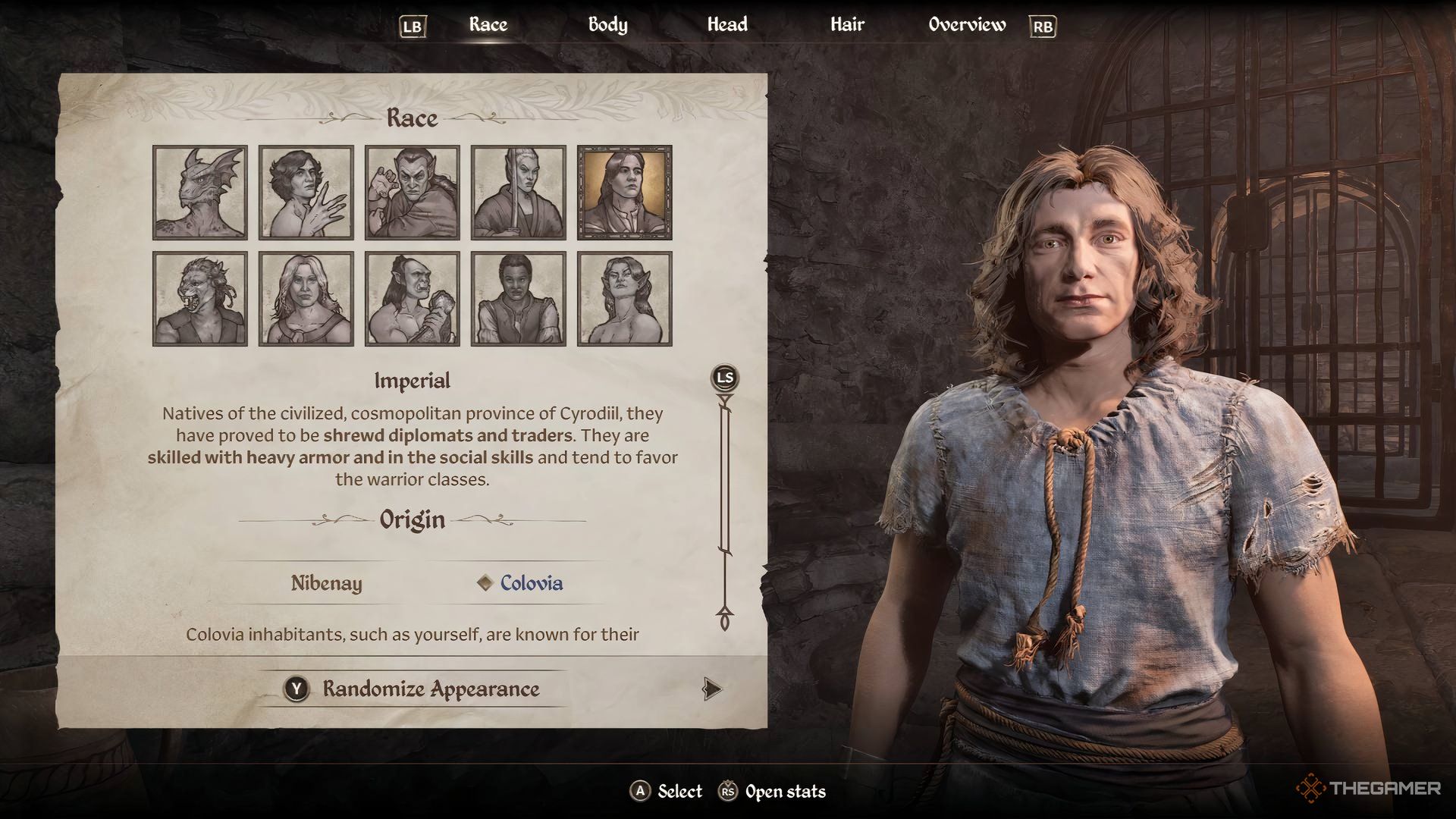 An image of the character creation screen from the Elder Scrolls IV: Oblivion Remastered showing an imperial.