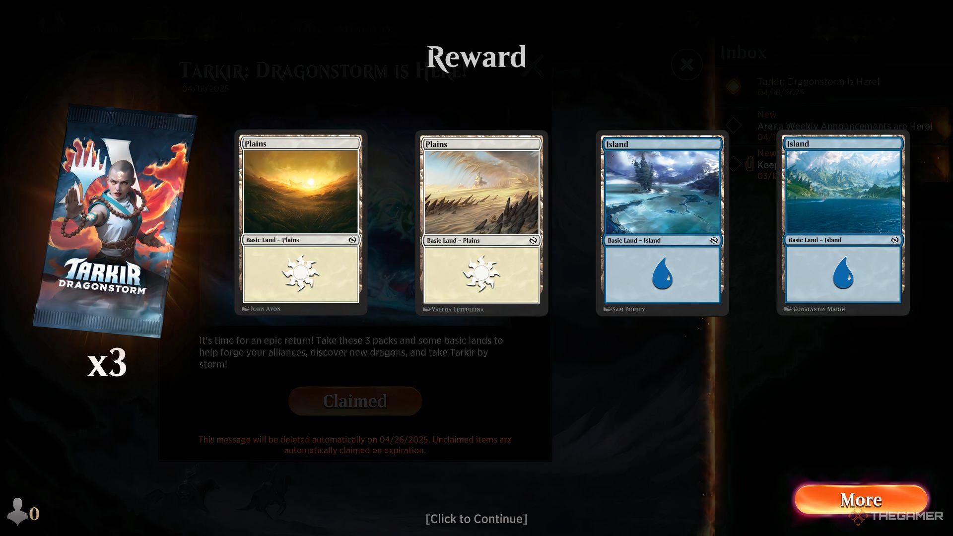 Three packs from Tarkir and four lands being obtained in Magic: The Gathering Arena.