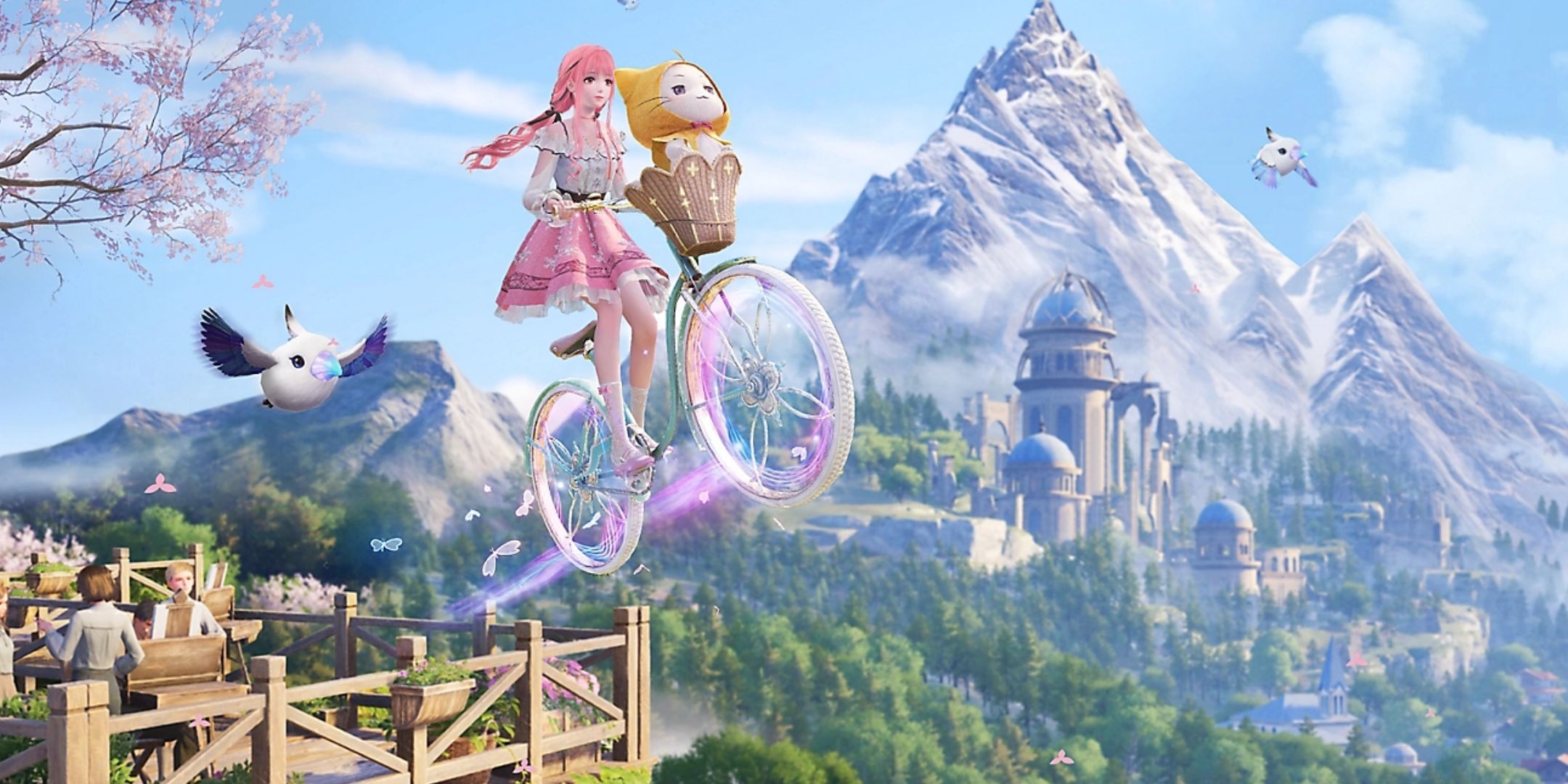A girl with pink hair riding a flying bike in Infinity Nikki.