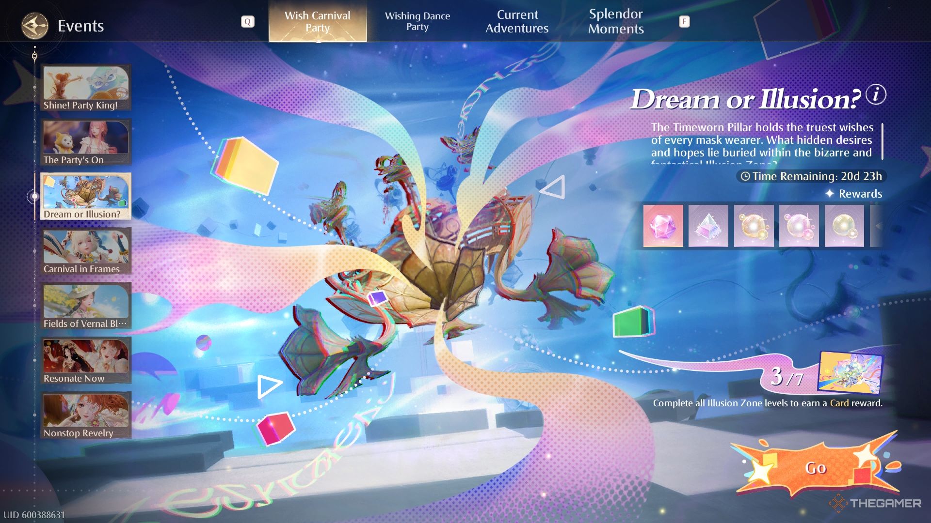 Infinity Nikki Illusion screen showing a colorful burst with rewards listed on the side.