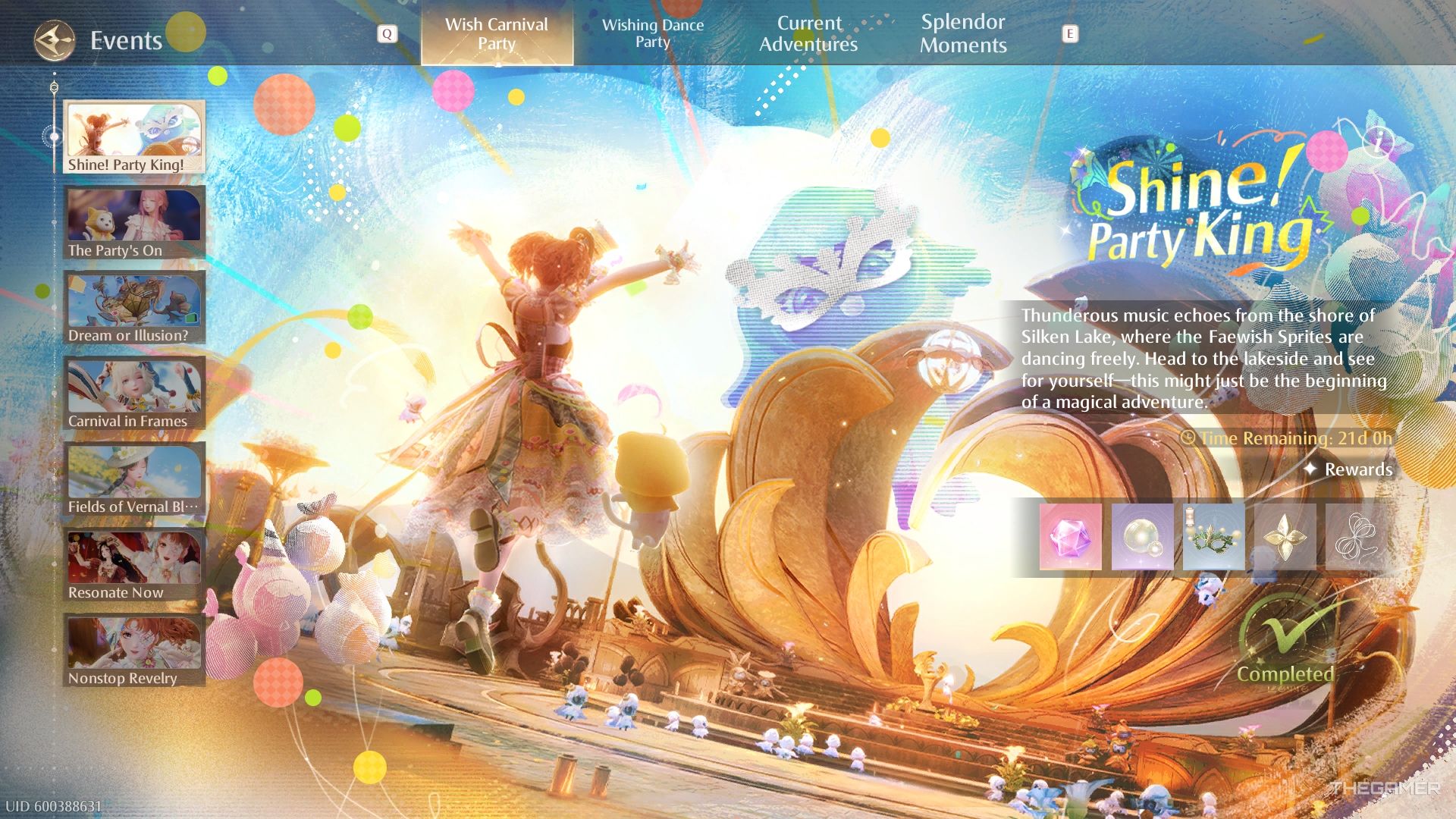 Shine Party King screen, with Nikki dressed in a party outfit celebrating with faewish sprites.