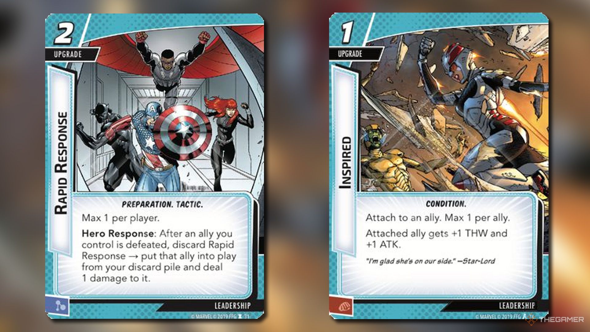 Inspired and Rapid Response cards from Marvel Champions.