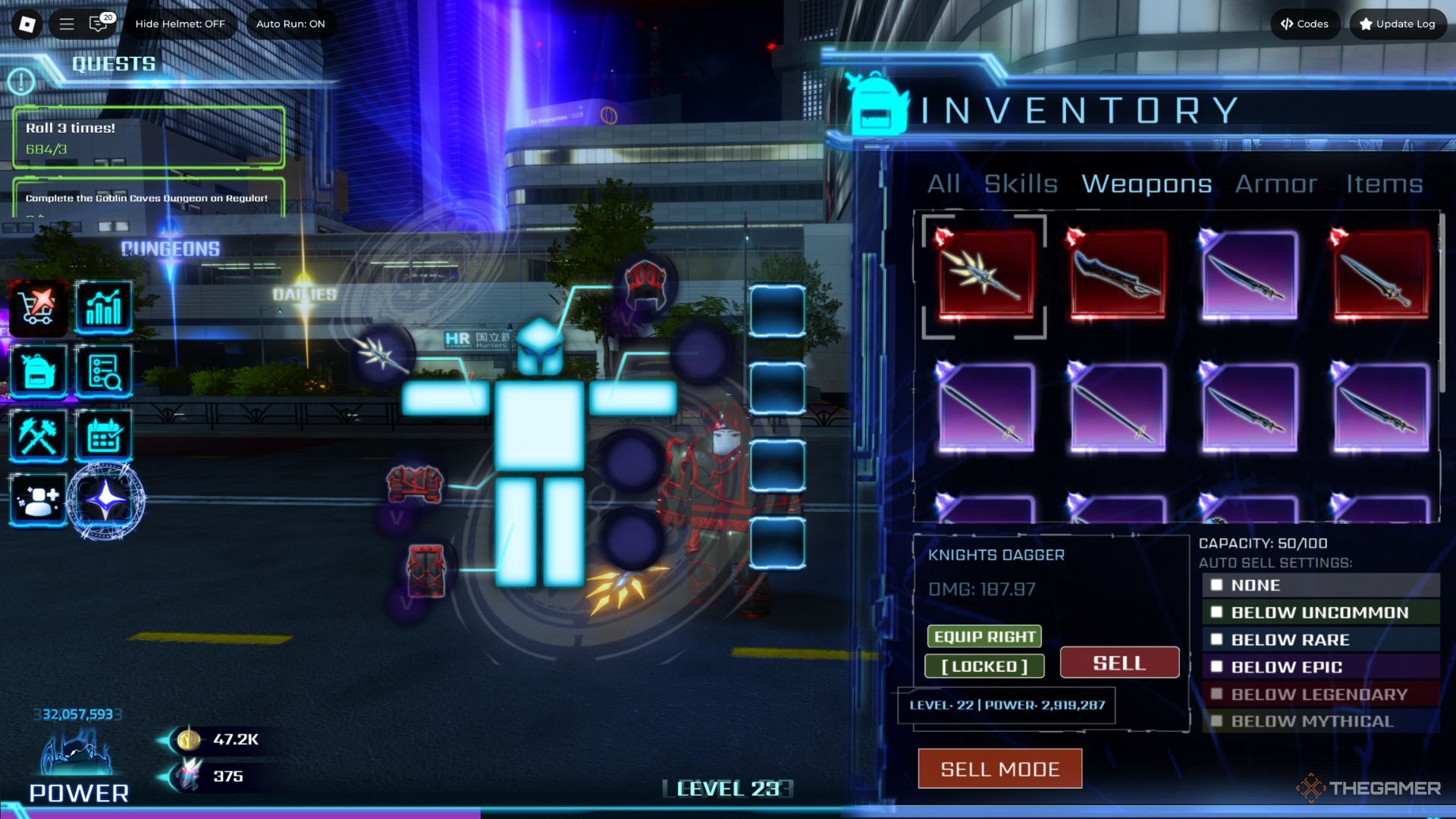 The player character shows his inventory full of different weapons in the main lobby in Hunters.