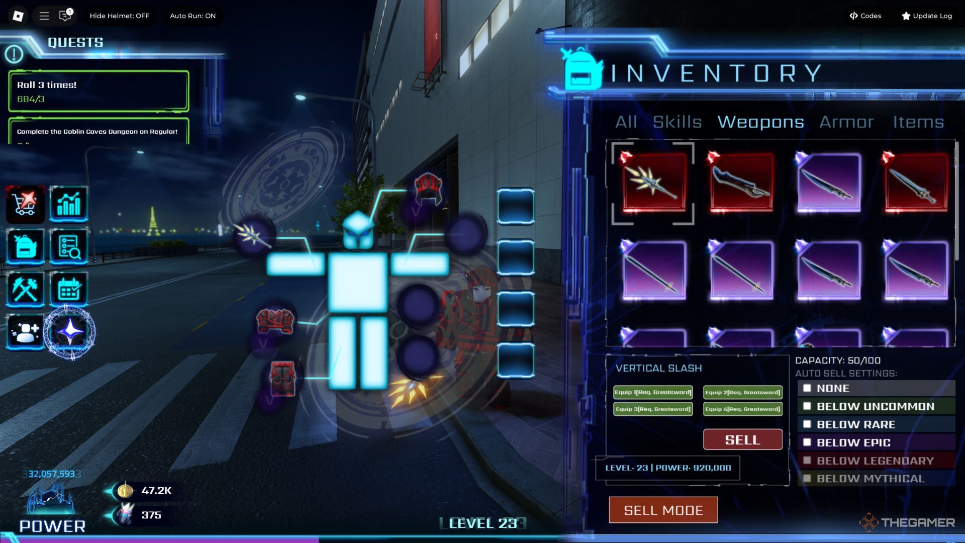 The player character shows his inventory full of different weapons in the main lobby in Hunters.