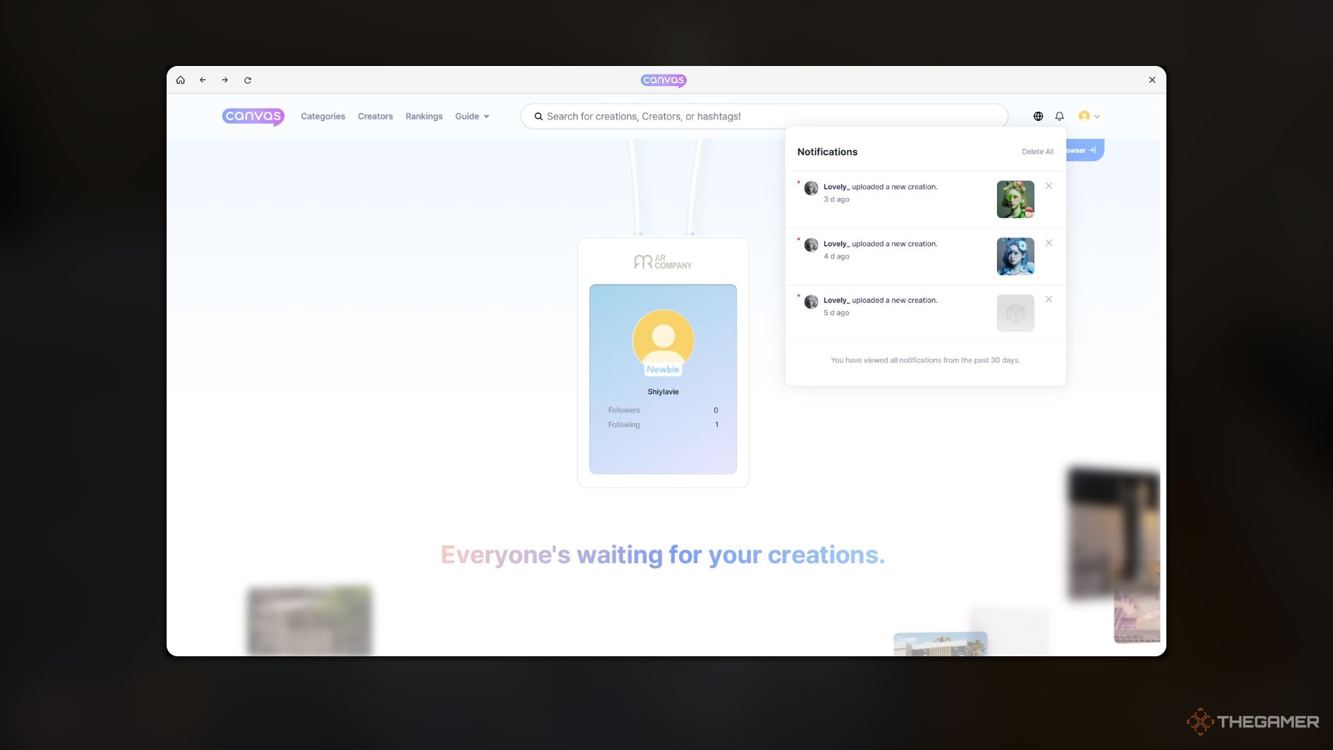 The canvas creator menu welcoming a user.
