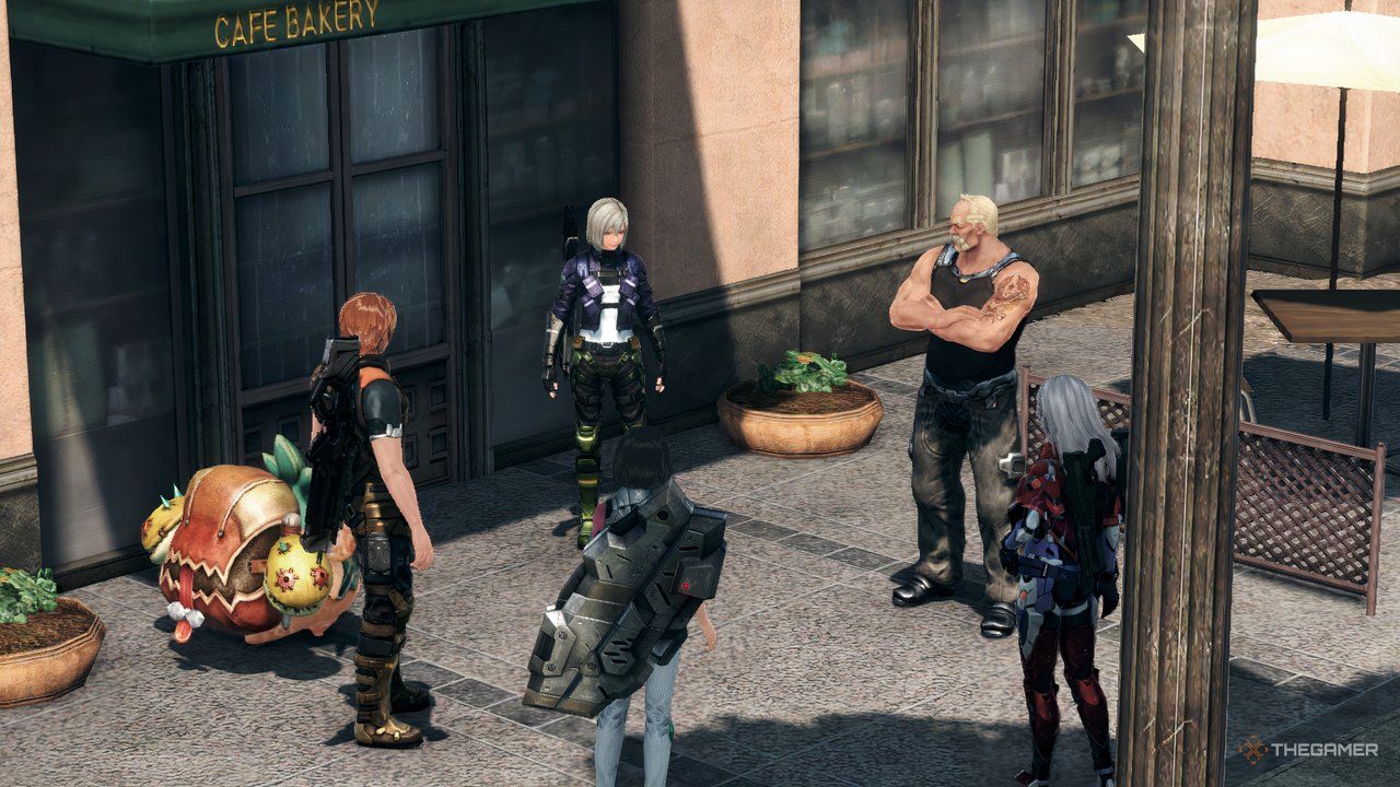 Irina, Vandham, and the team in the Commercial District of NLA in Xenoblade X