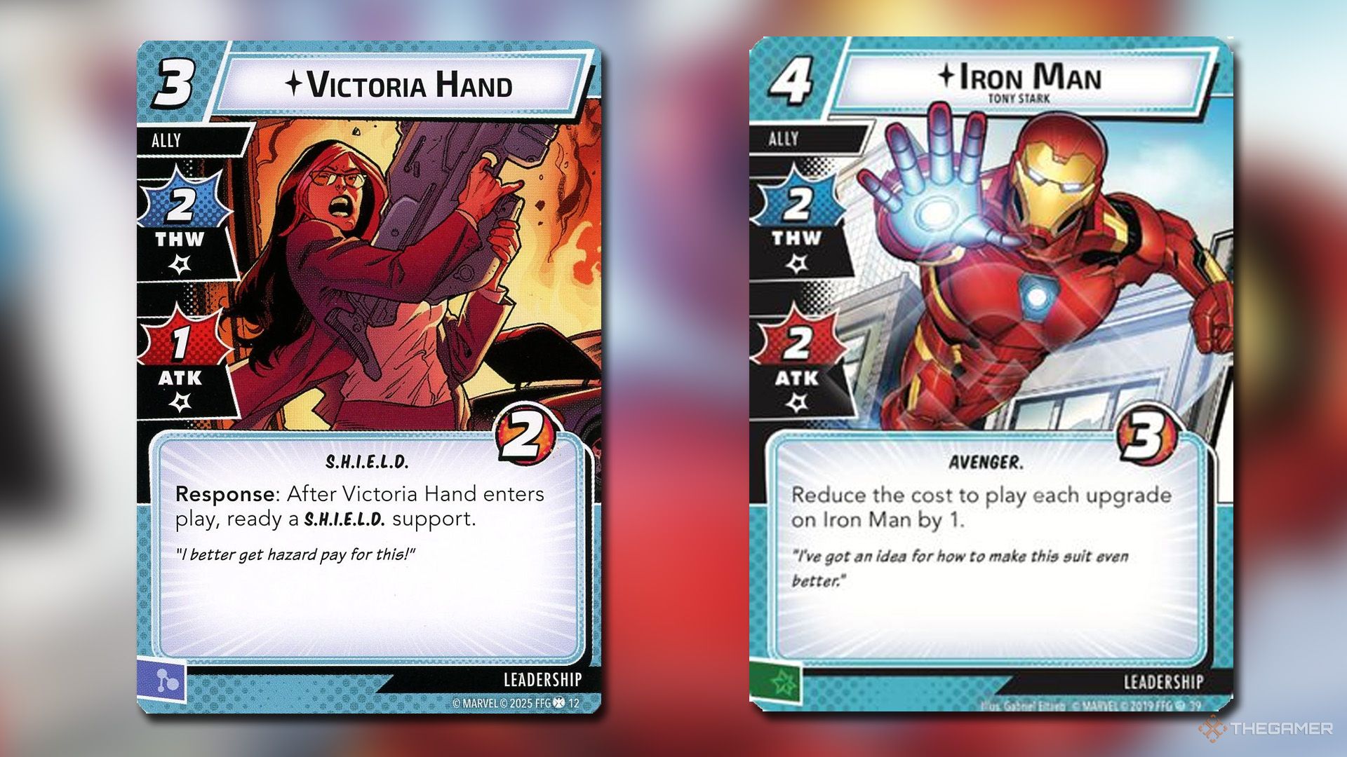 Iron Man and Victoria Hand cards from Marvel Champions.