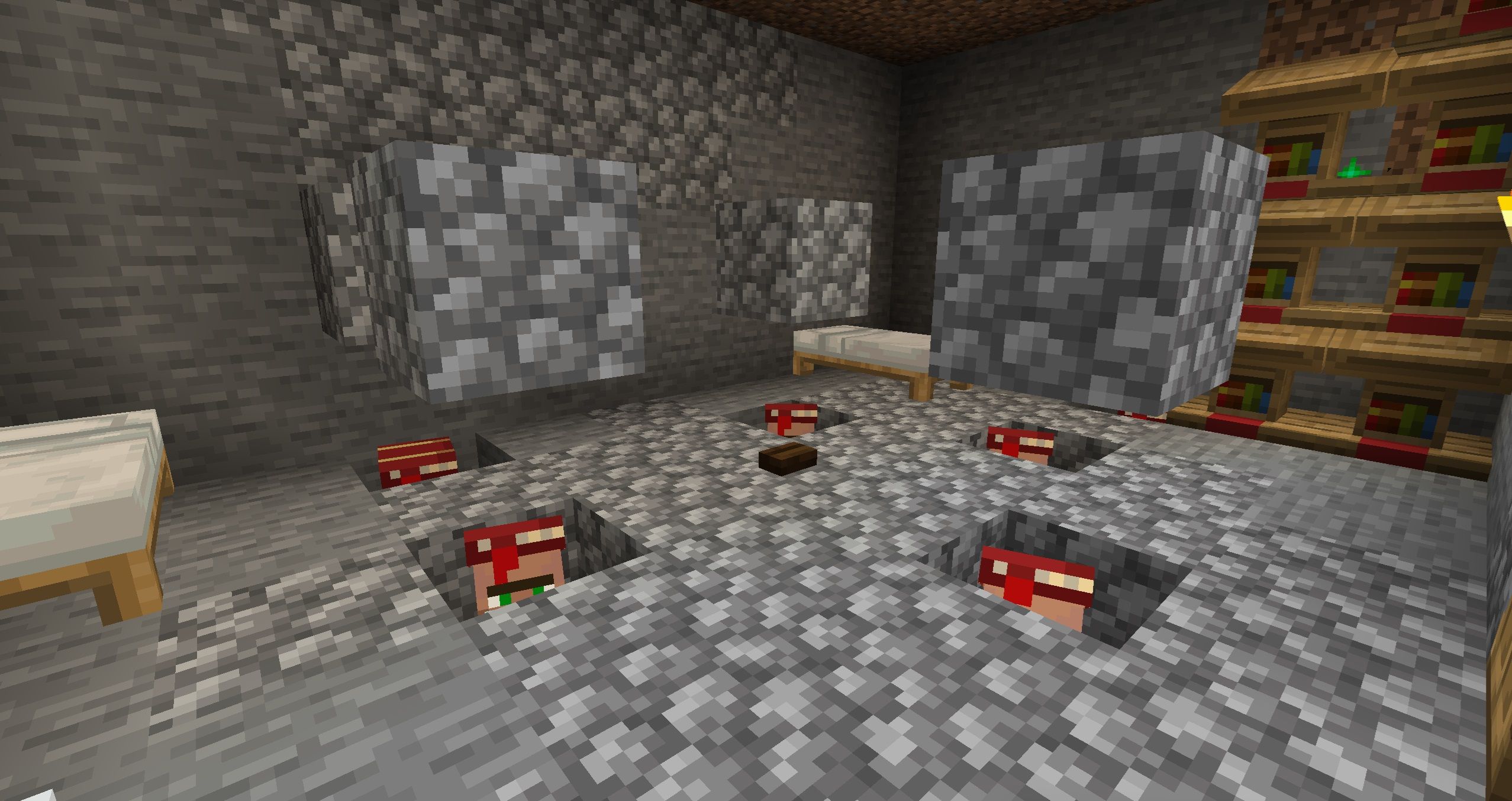 Five Librarians in holes with Cobblestone blocks over them in Minecraft.