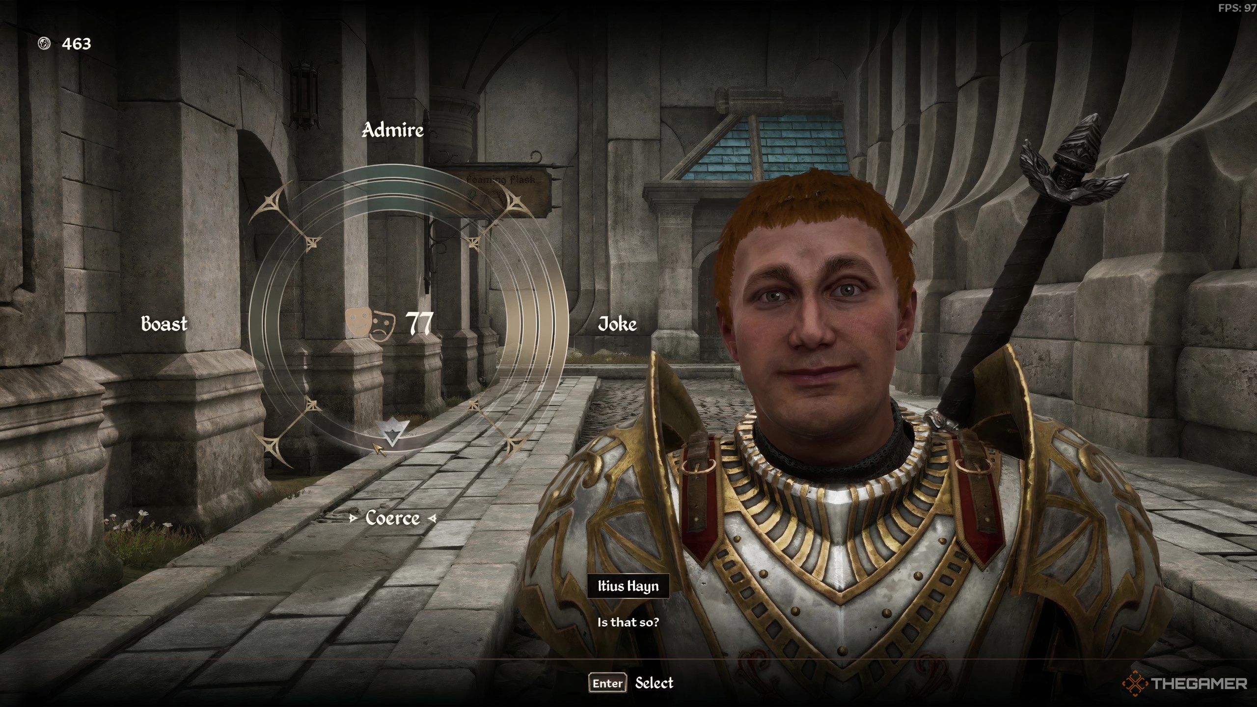 Itius Hayn with a 77 Dispositoin score in Oblivion Remastered.