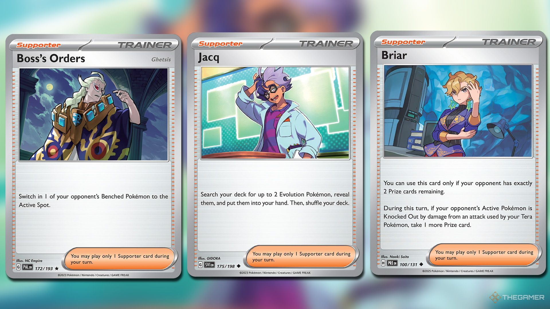 Jacq, Briar and Boss's Orders cards in Pokemon TCG.