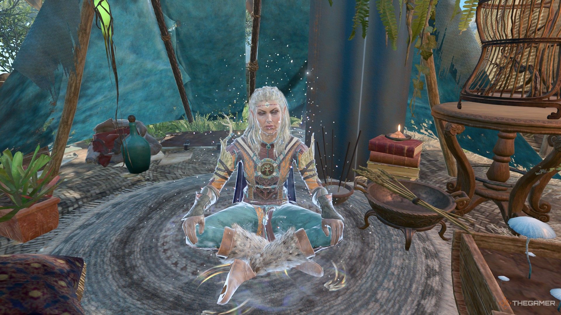 Jaheira meditating with the dragon starry form active in Baldur's Gate 3.