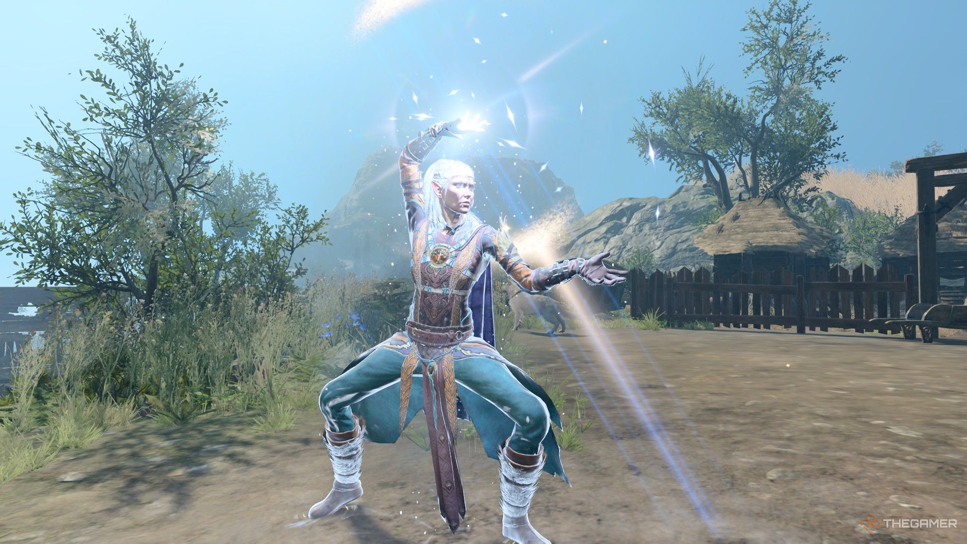 Jaheira with the archer starry form active casting Guiding Bolt in Baldur's Gate 3.