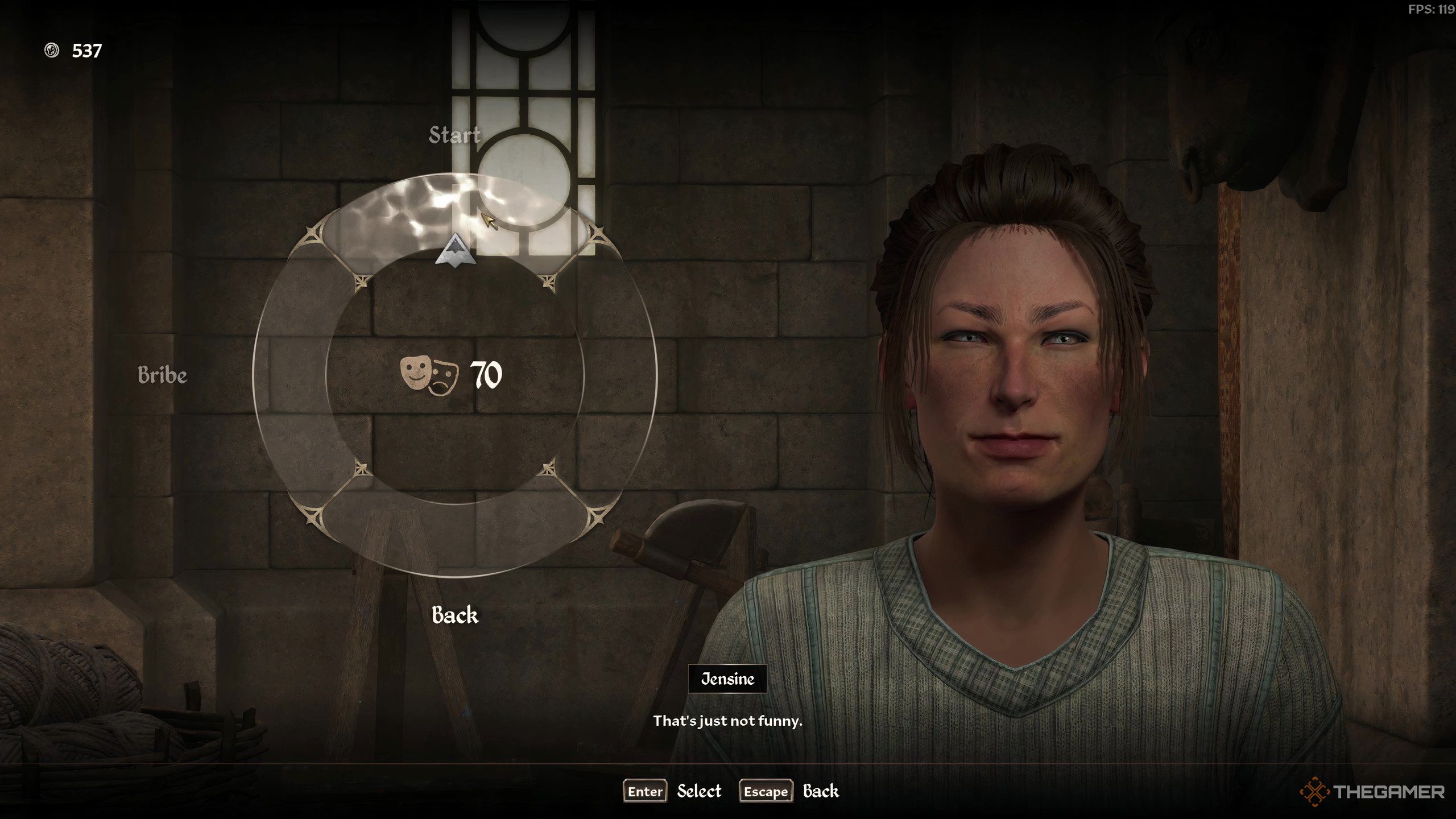 Jensine with a 70 Dispositoin score in Oblivion Remastered.