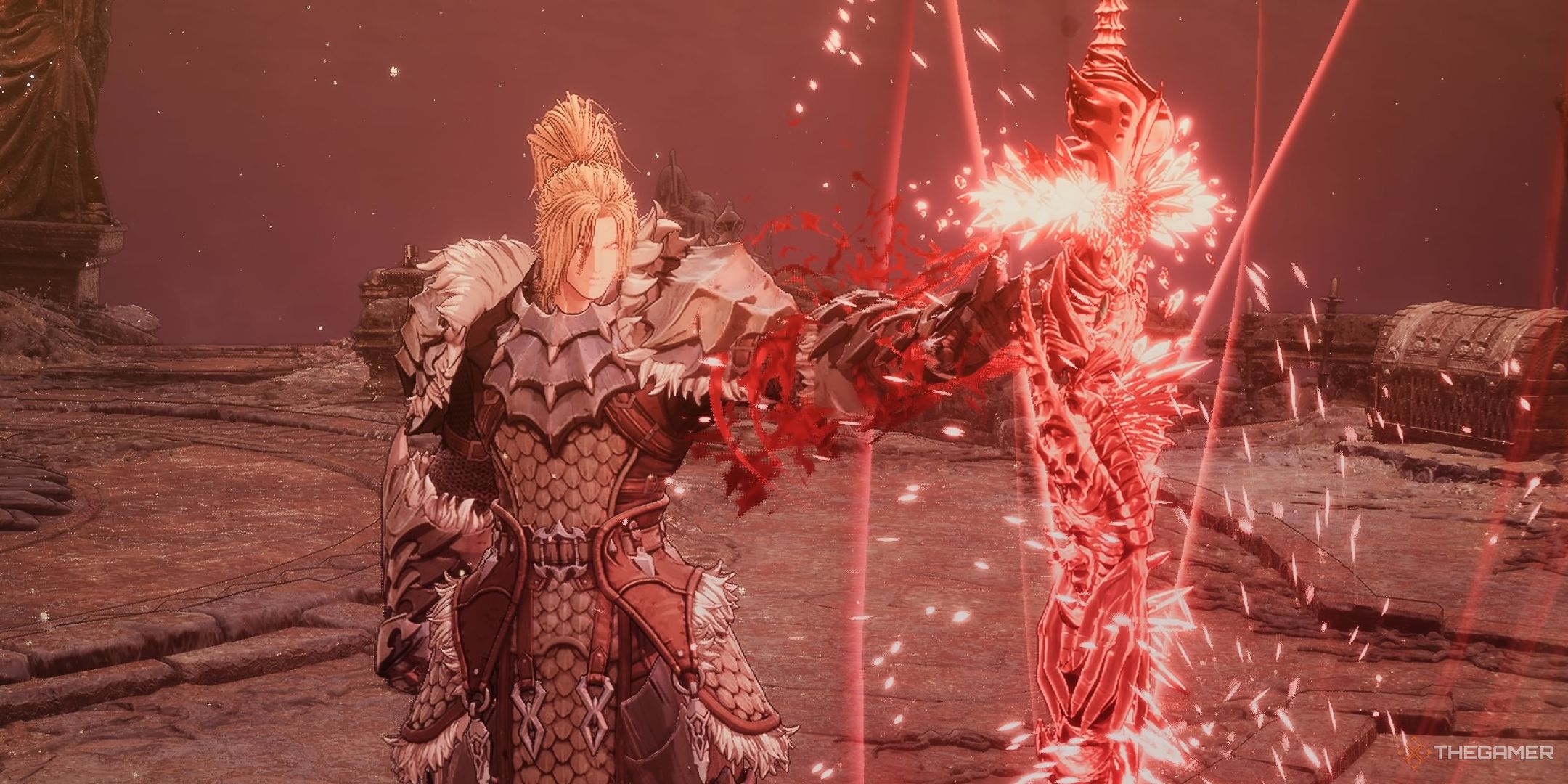 Khazan activating a Blade Nexus in his Dragon Knight armor in The First Berserker Khazan.