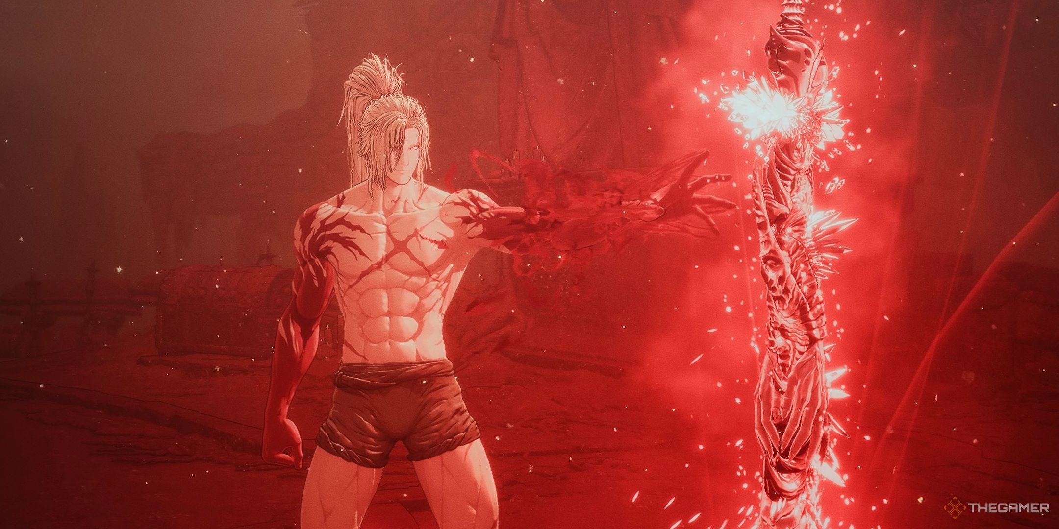 Khazan activating a Blade Nexus while naked in The First Berserker Khazan.
