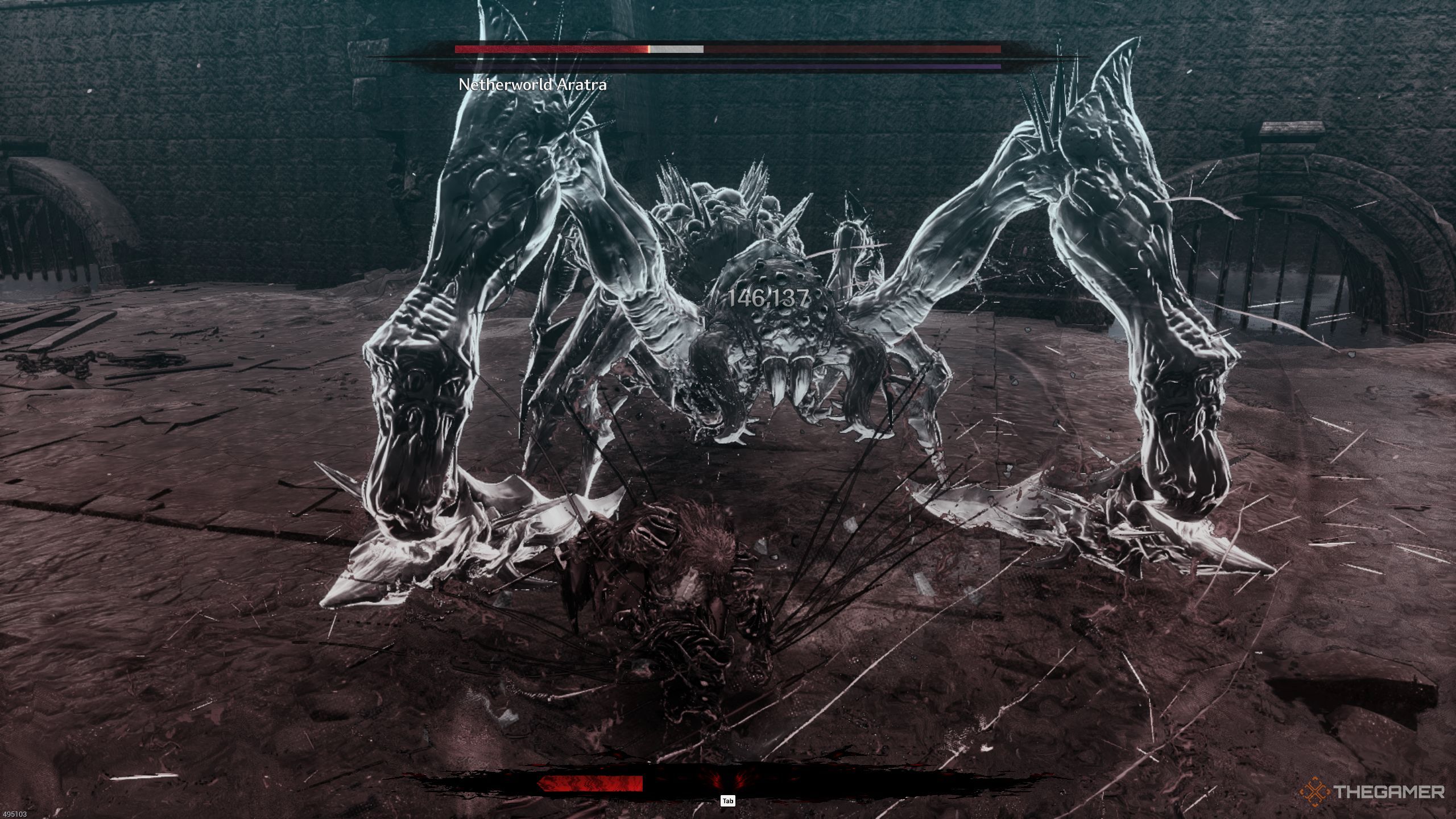 Khazan attacking the Netherworld Aratra in The First Berserker: Khazan.