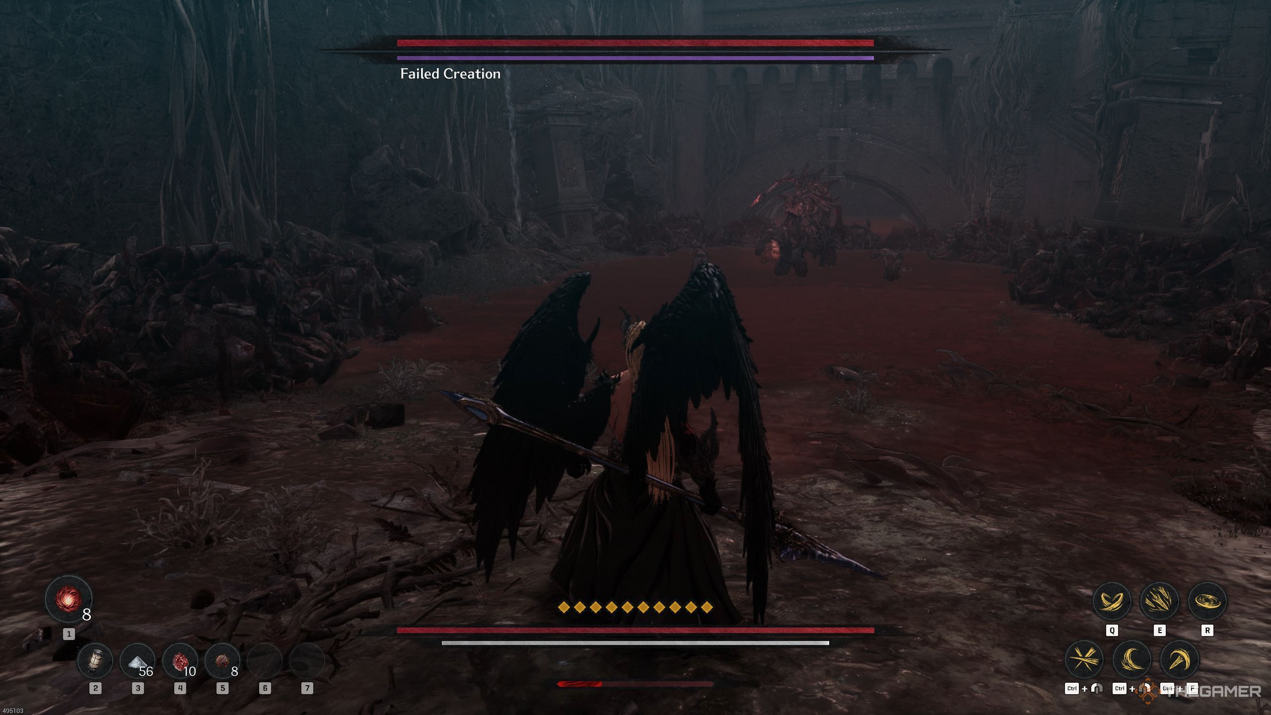 Khazan standing in front of the Failed Creation boss in The First Berserker: Khazan.