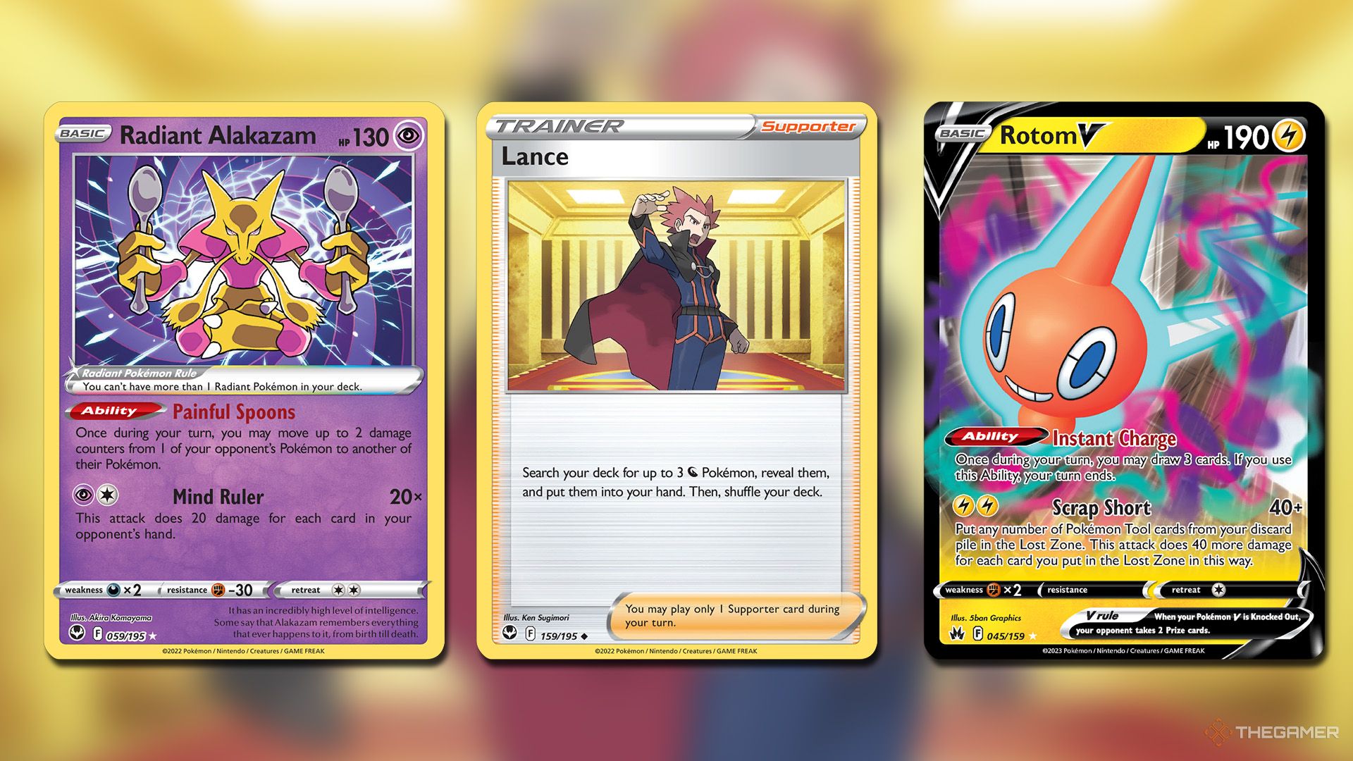 Lance, Radiant Alakazam and Rotom V cards in Pokemon TCG.