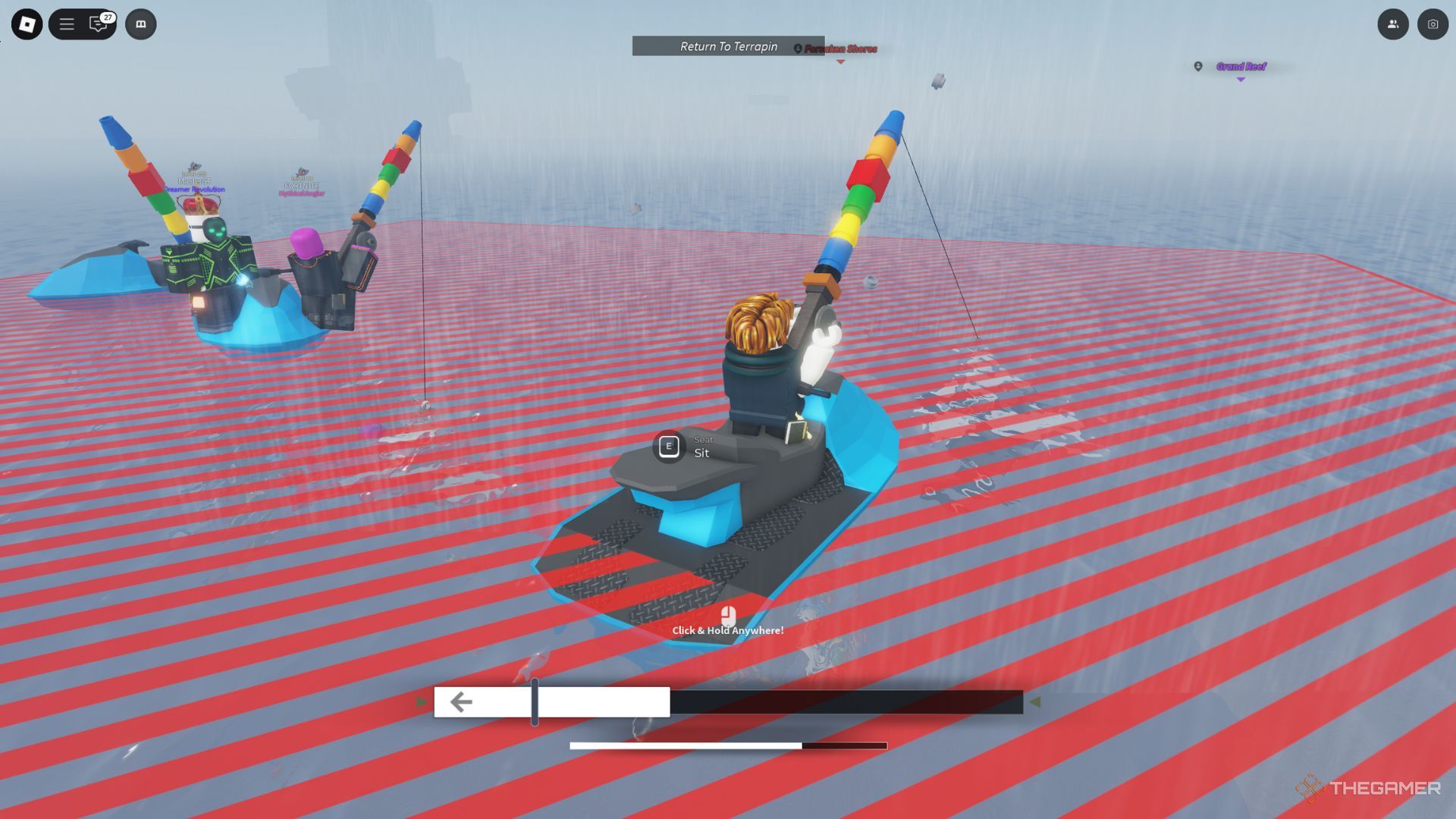 The player character is fishing in a LEGO pool near the Moosewood location in Fisch.