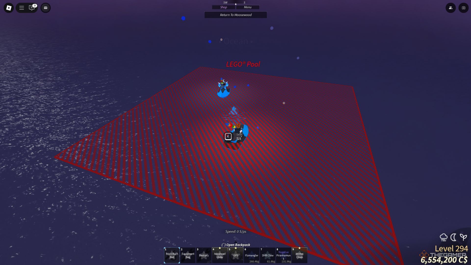 The player character is fishing in a LEGO pool near the Moosewood location in Fisch.