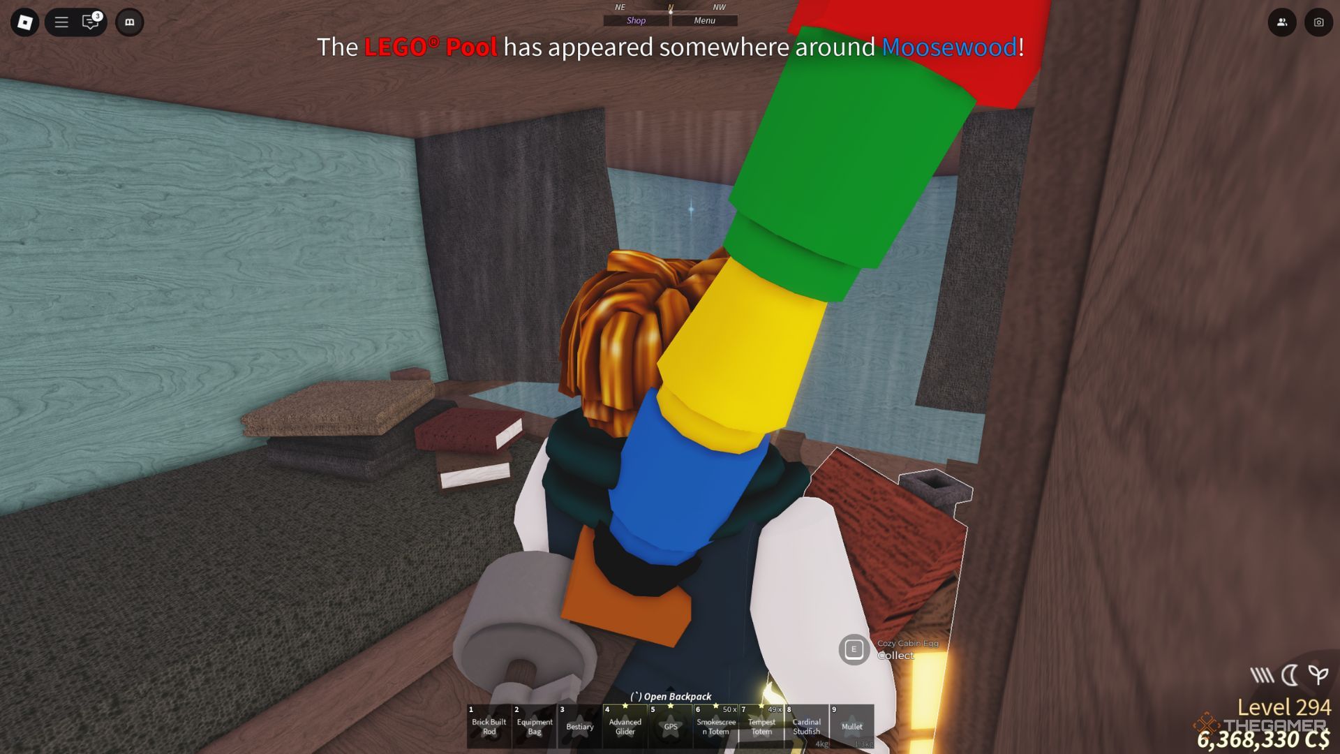 The player character shows the LEGO pool notification near Moosewood area in Fisch.