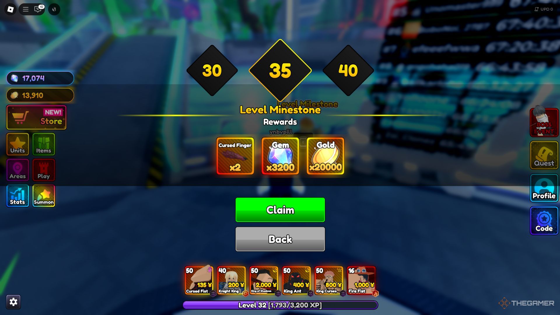 The player character shows the Level Milestone tab in Anime Ranger X.
