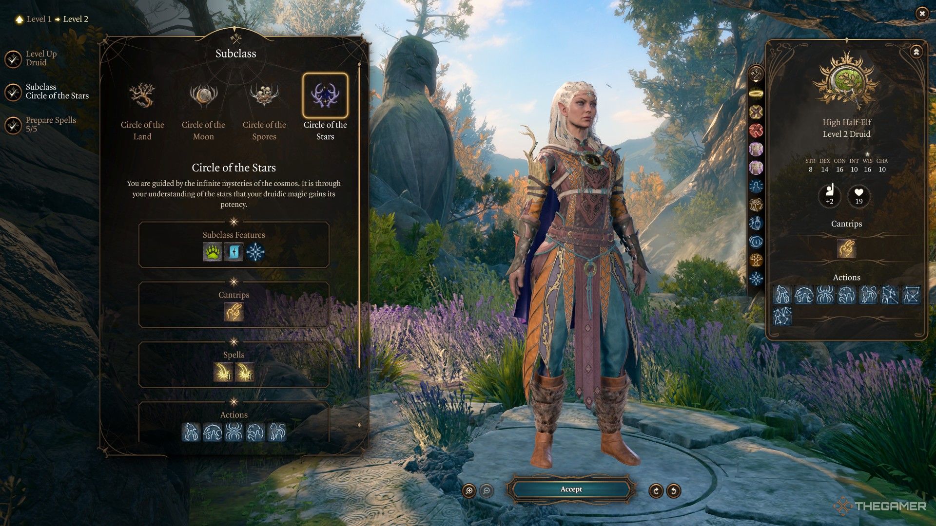 Level up screen showing Jaheira becooming a druid of the stars in Baldur's Gate 3.