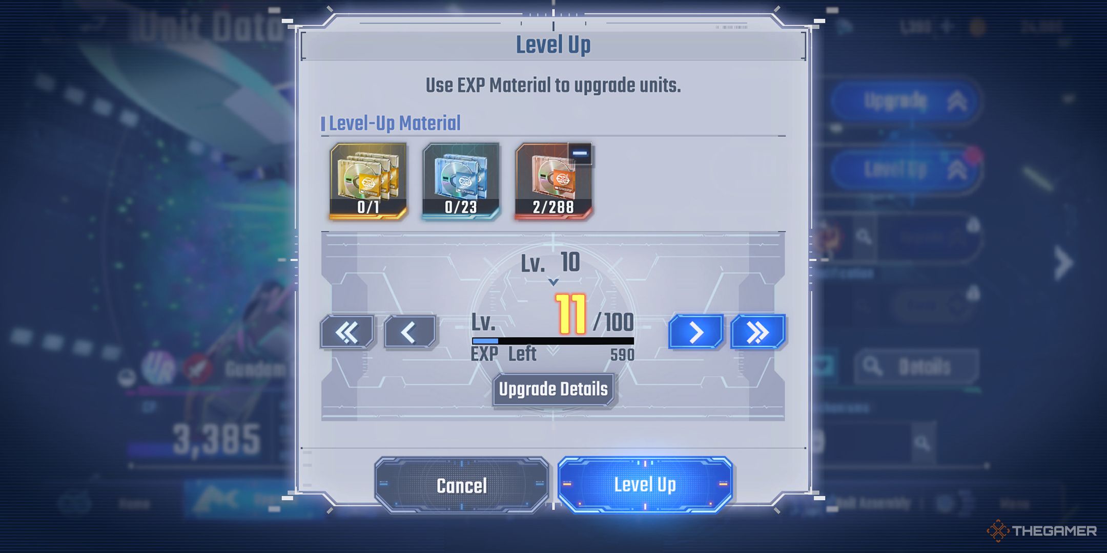 Leveling up a Unit using materials in SD Gundam G Generation Eternal.