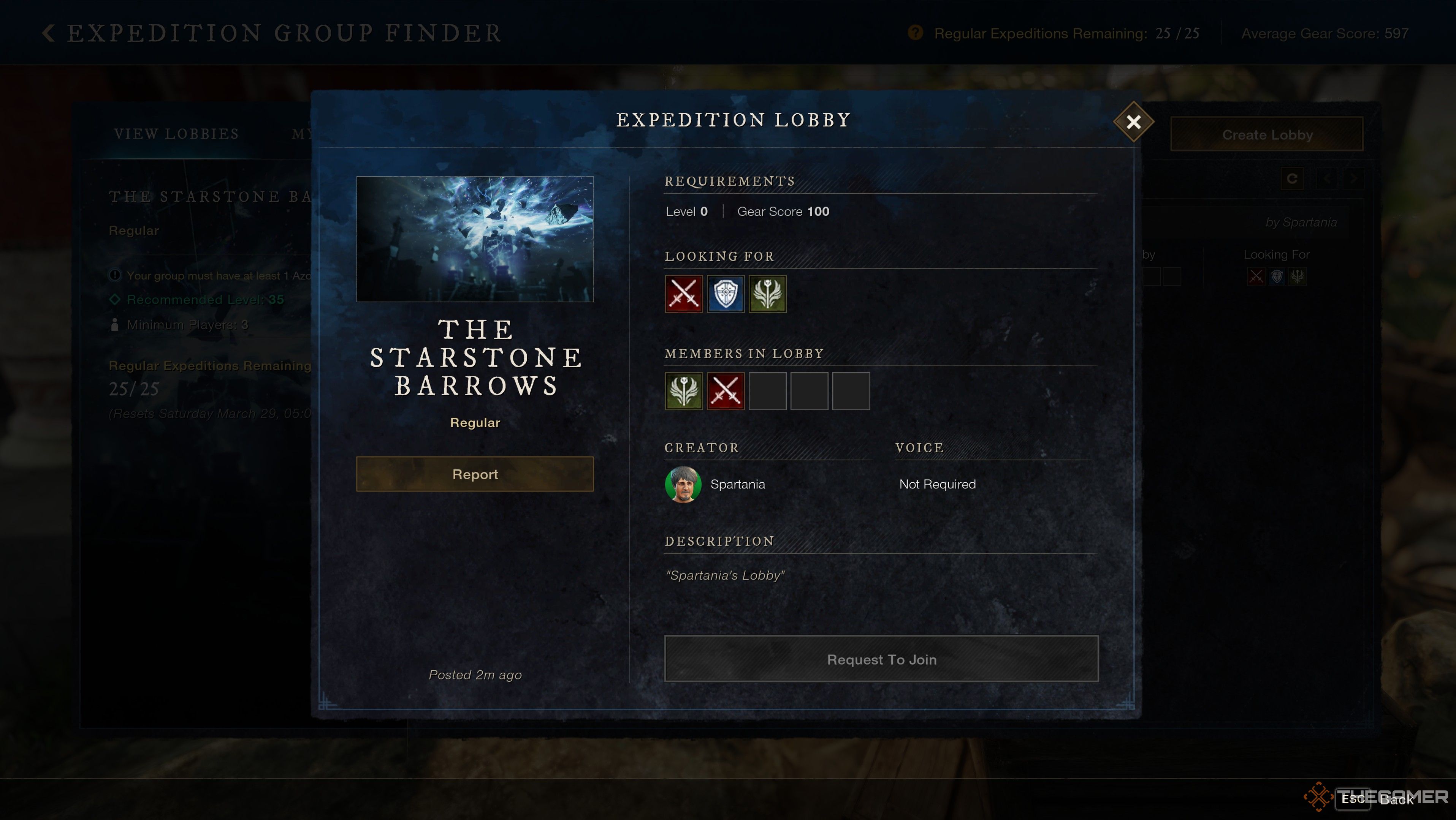 Lobby for The Starstone Barrows in New World: Aeternum.