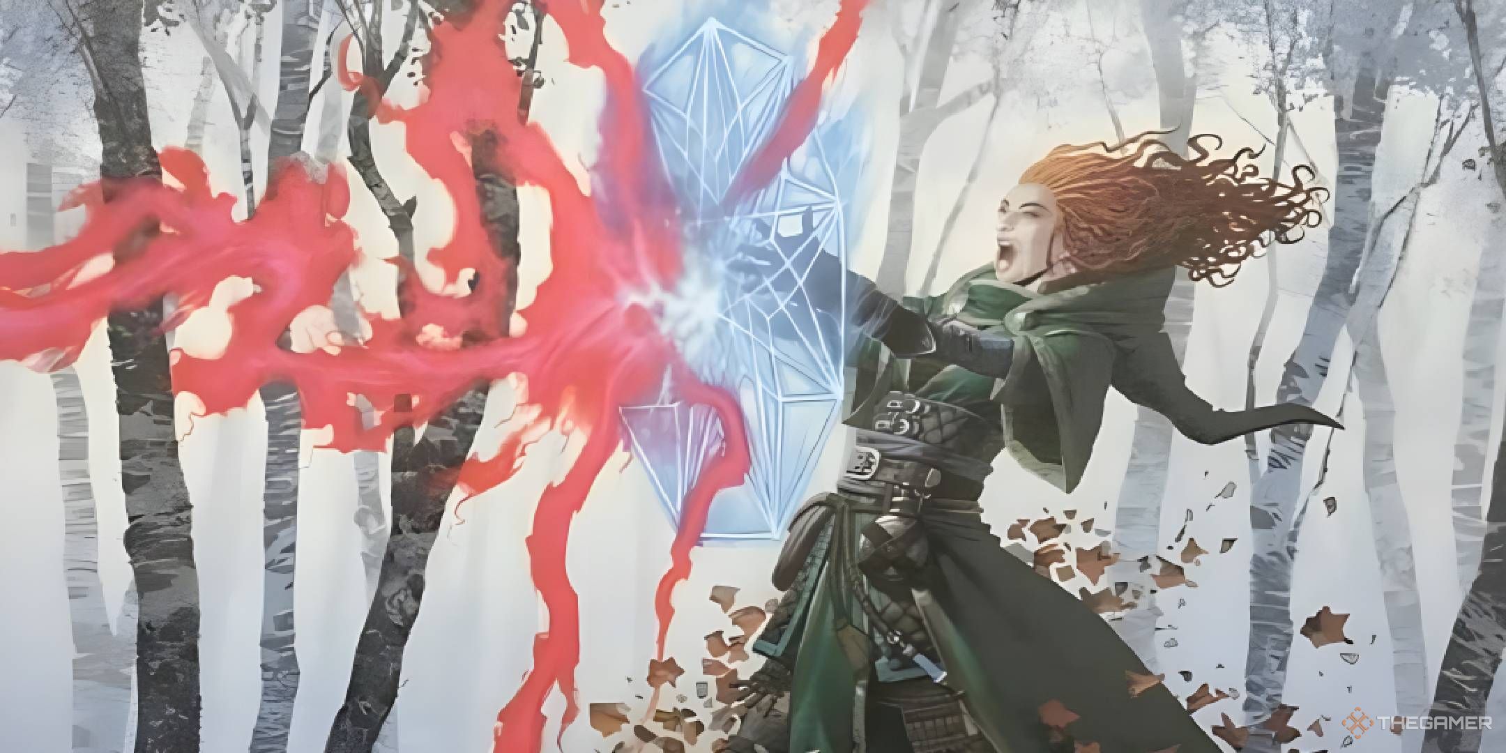 A red-haired wizard counters a red spell using a blue sigil.