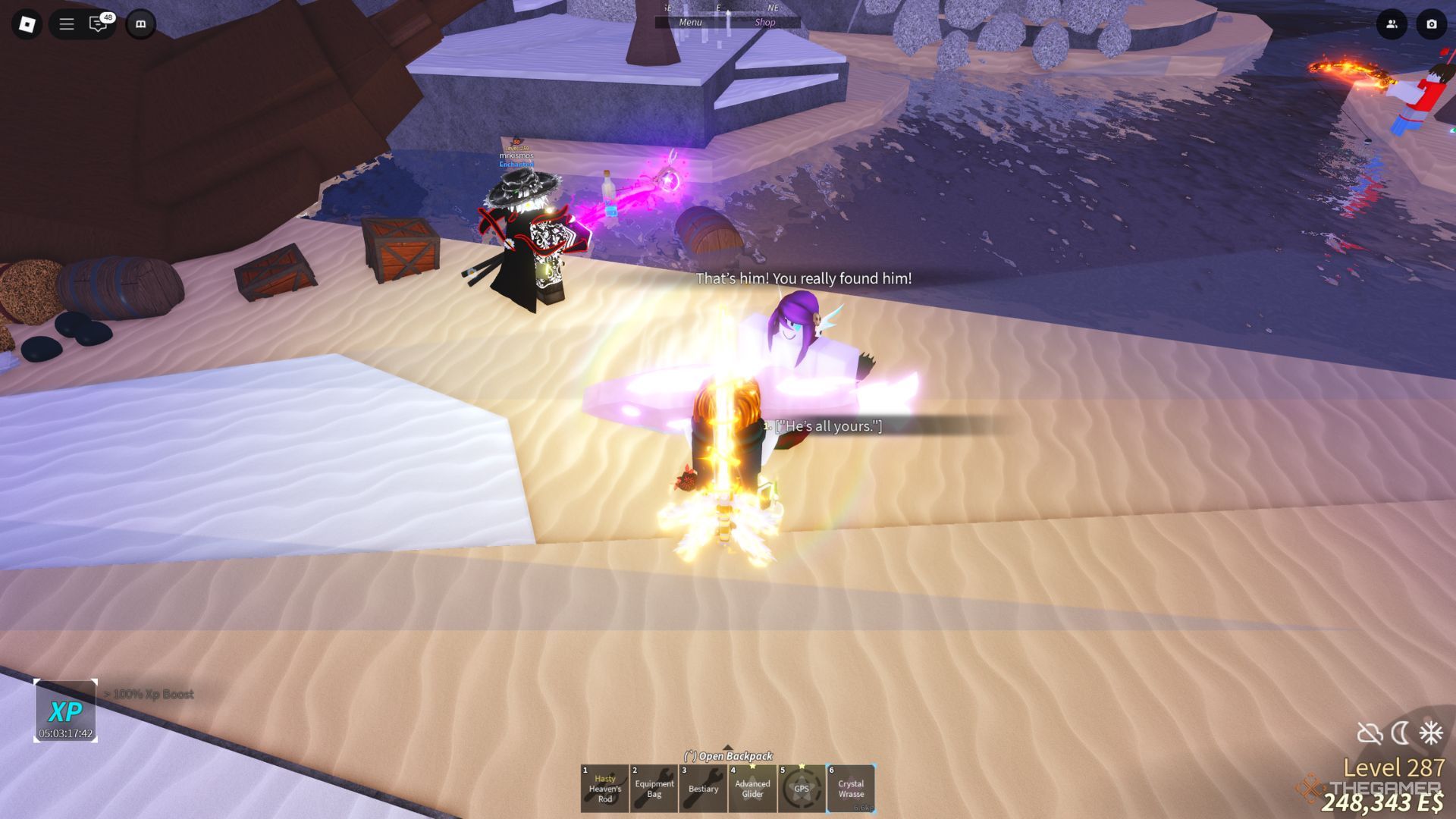The player character gives a Crystal Wrasse to the Lorelei NPC on the Isle of New Beginnings in Fisch.