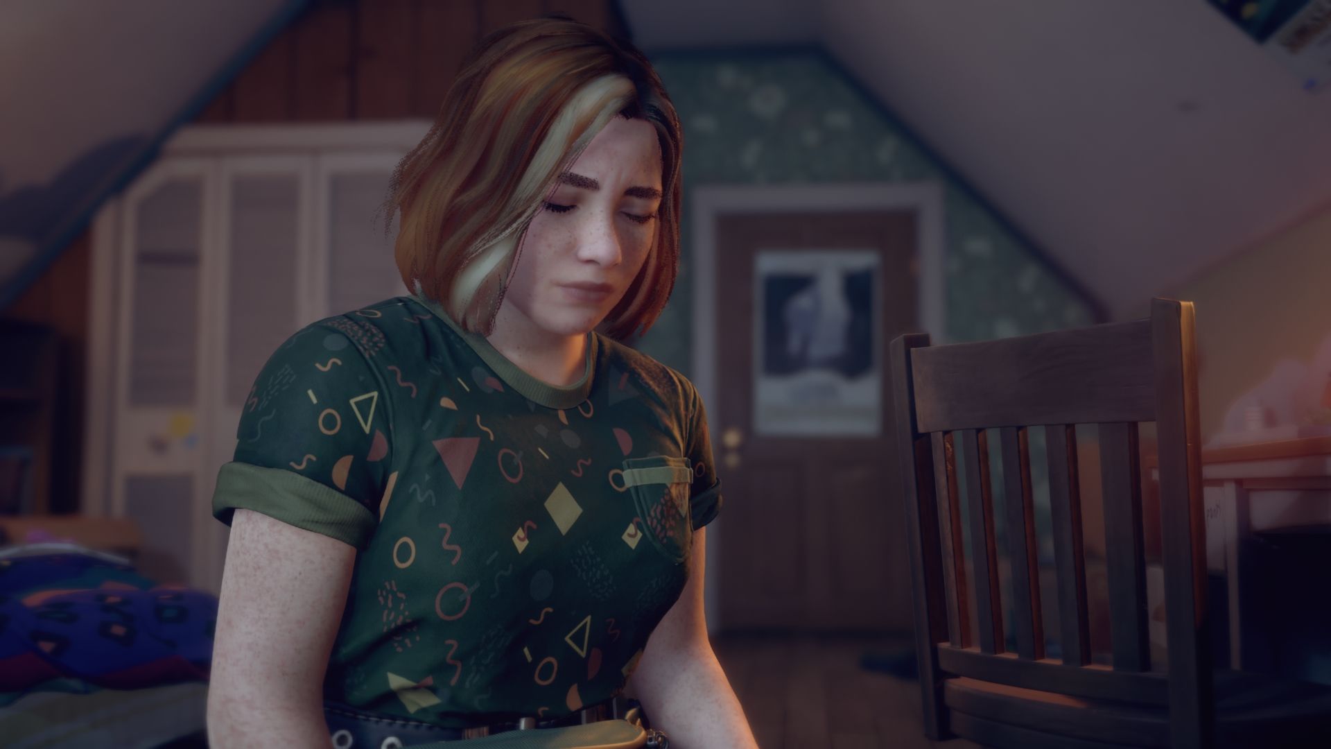 Swann looking sad in her bedroom.