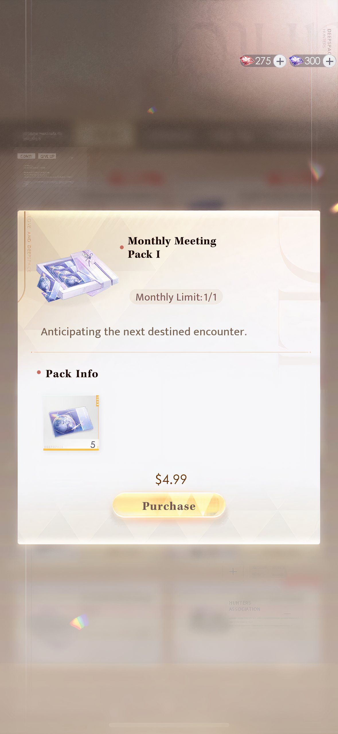 Love And Deepspace: An image of a monthly pack of Empyrean Wishes