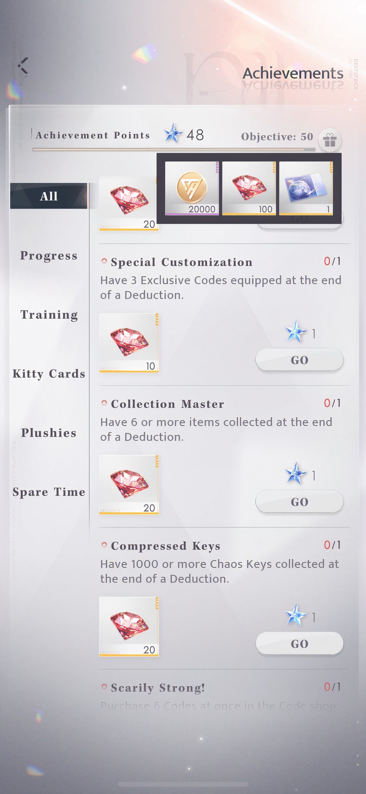 Love And Deepspace: An image of the achievements screen with the final reward containing an Empyrean Wish